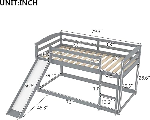 Miniatura 2 de Literas de tamaño individual sobre individual litera de madera con tobogán litera baja para niños con escalera litera de piso para niños pequeños no