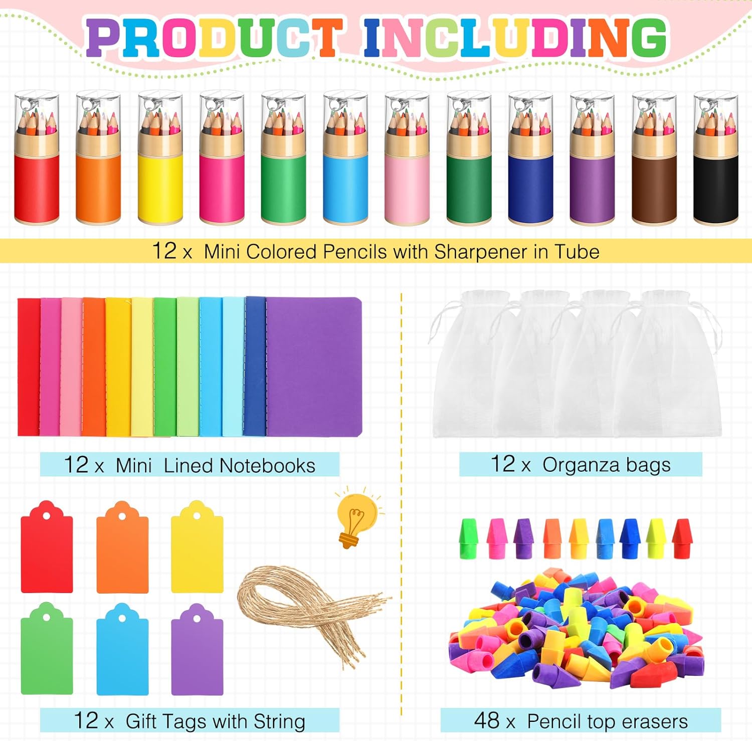 Skyygemm 12 Set Mini Colored Pencils Bulk with Sharpeners Party Favors Inspirational Rainbow Pencil Easter Gifts Mini Notebooks Erasers Cards and Clear Gift Bag (Rainbow)