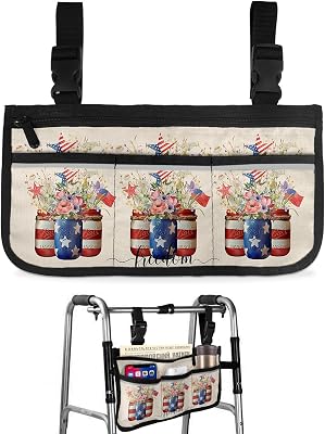 4th of July Wheelchair Side Bag Walker Bag, Patriotic Memorial Day Spring Flower Burlap Wheelchair Accessories Armrest Pouch, Organizer Storage Bag for Walkers, Rollators, Scooters, 7.3''x13''