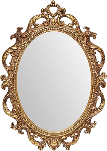 Espejo ovalado vintage dorado de 11 x 7.7 pulgadas, espejo decorativo adornado antiguo para escritorio y pared, pequeño espejo vintage para