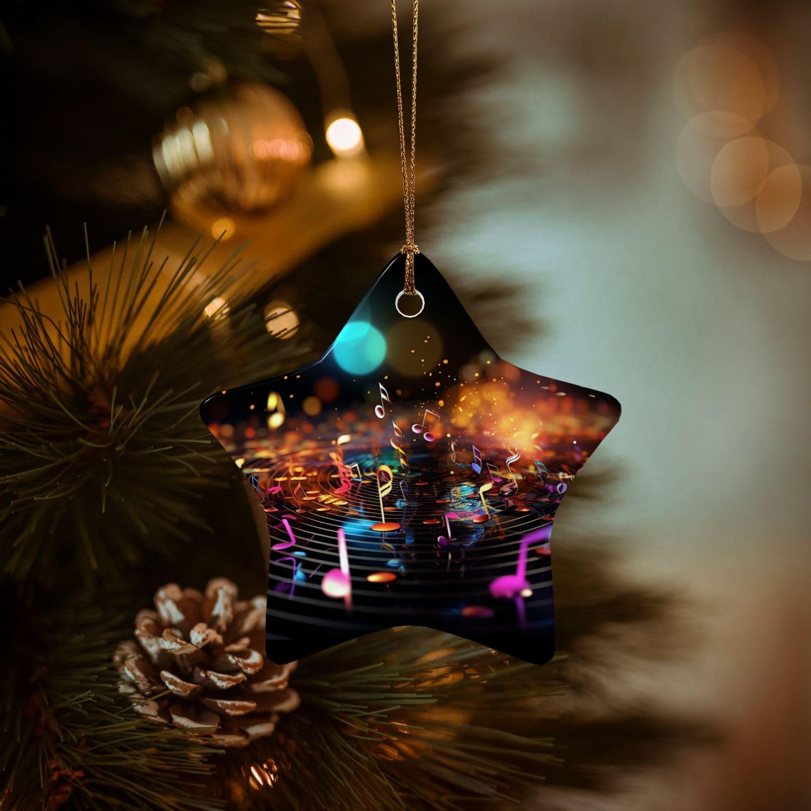 Christmas Tree Ornaments Ceramics Christmas Decorations Colorful Music Notes Ornaments with Gold Ribbon Porcelain Xmas Tree Crafts Star Shape Hanging Pendant for Christmas Tree Party Decor