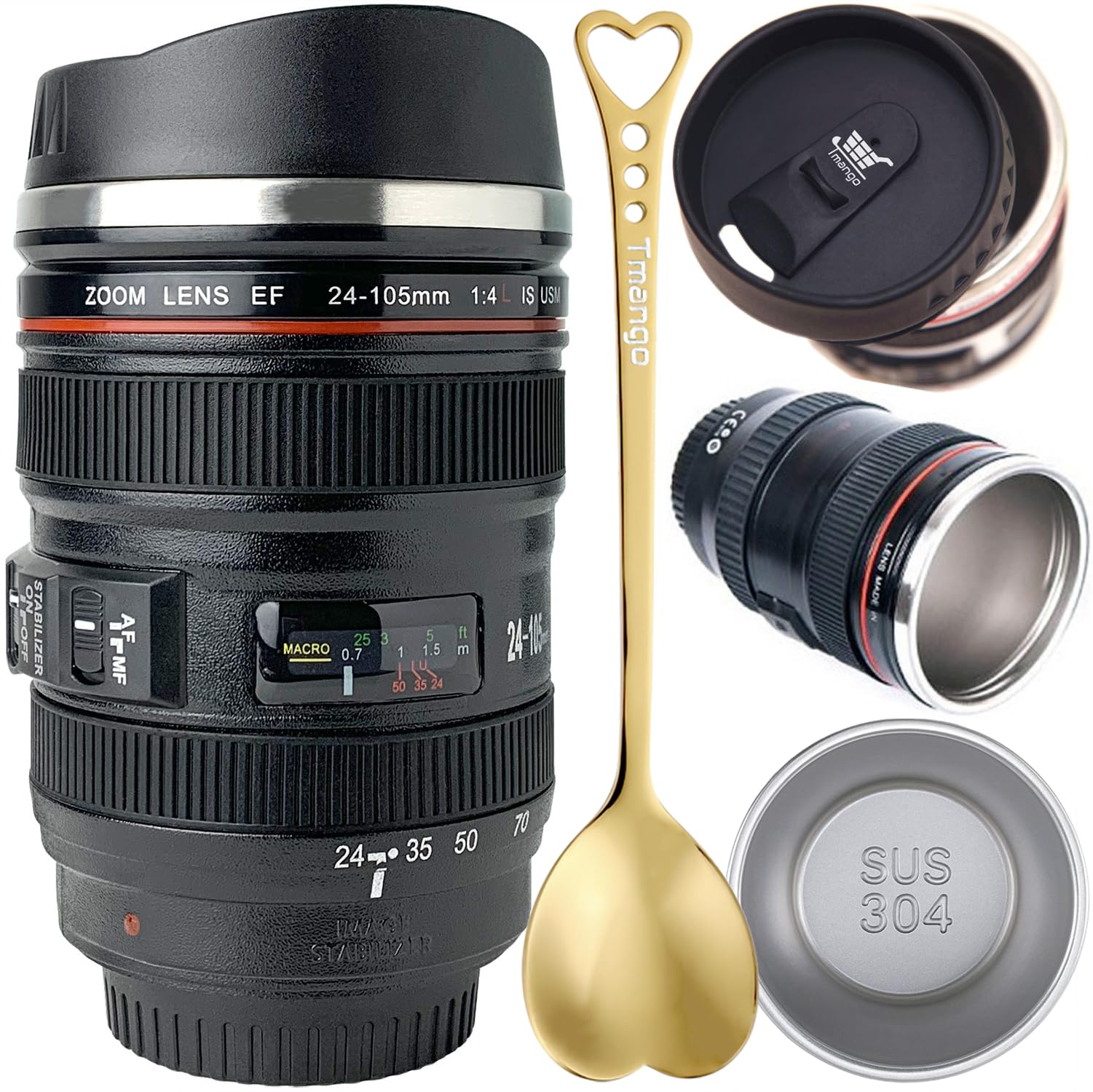 Camera Lens Coffee Mug With Retractable Lid,Stainless Steel Camera Mug, Photographer Gifts, Cool Photography Gifts for Men and Women