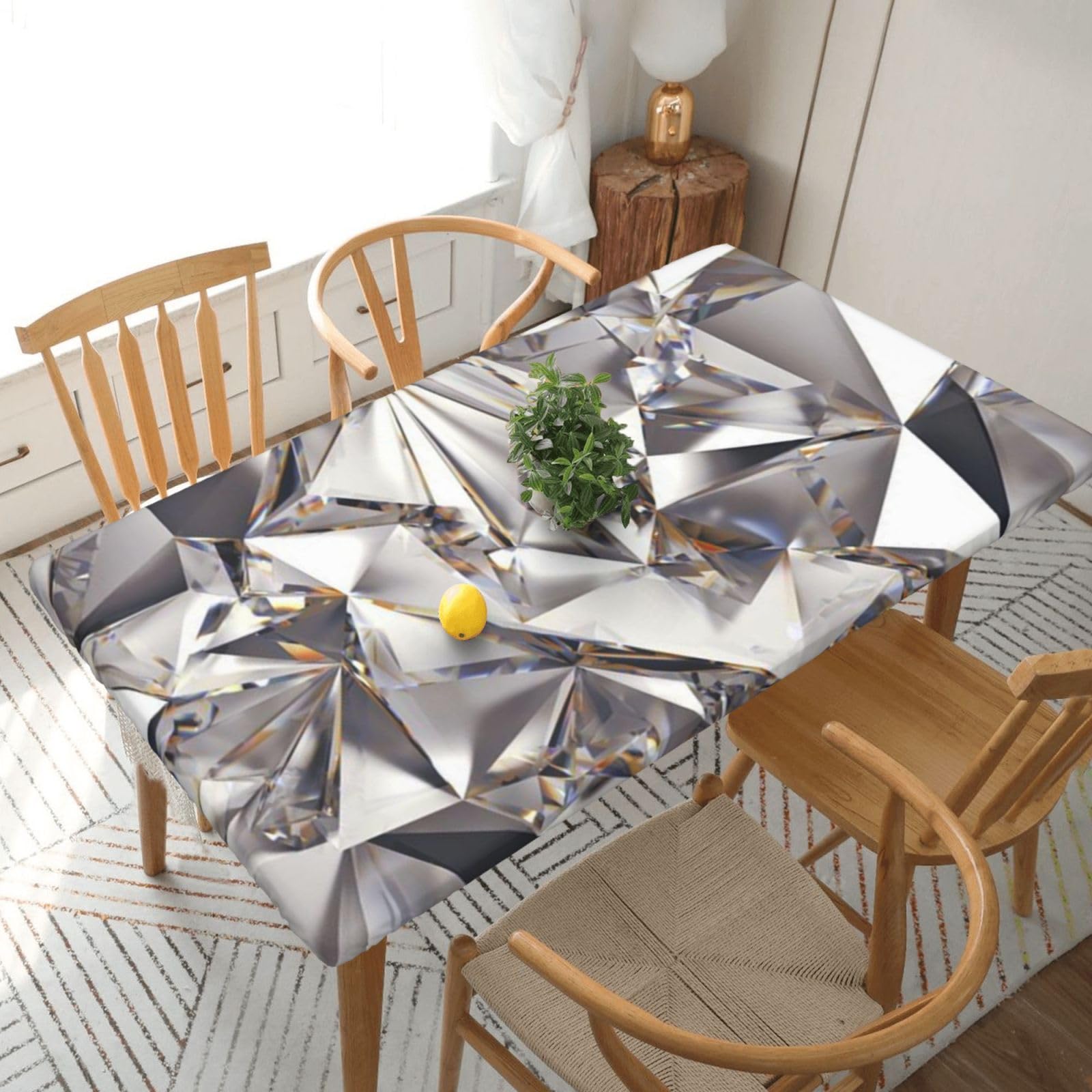 DCEHGEW Elastic Fitted Rectangle Tablecloth for 5ft Tables, Glitter Abstract Diamond Crystal Pattern Printed Oilproof & Washable Fabric Picnic Table Cloth Table Covers