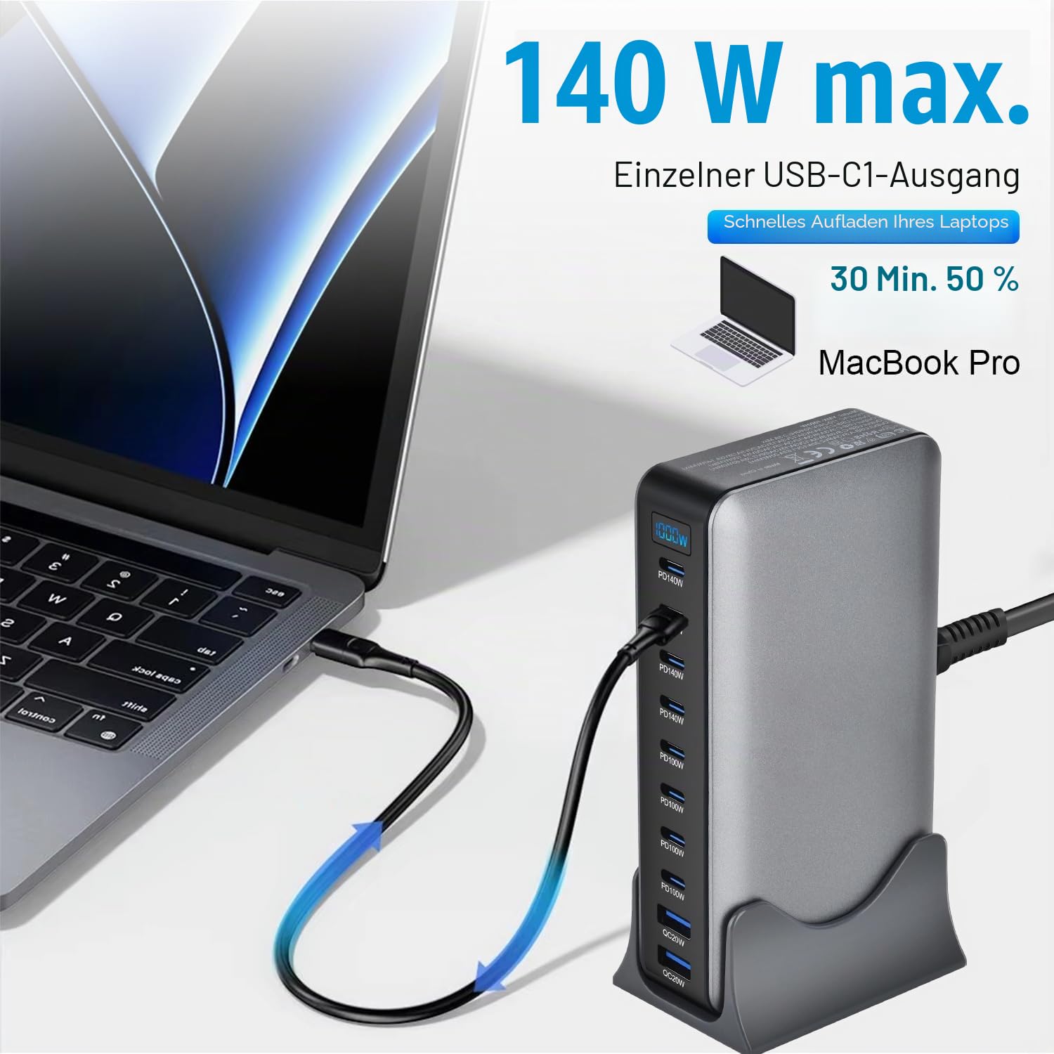 10 in 1 & 1000W USB C Ladegerät Mehrfach GaN 4 Max PD140W/100W QC20W Laptop Schnellladegerät Ladestation (8C+2A)