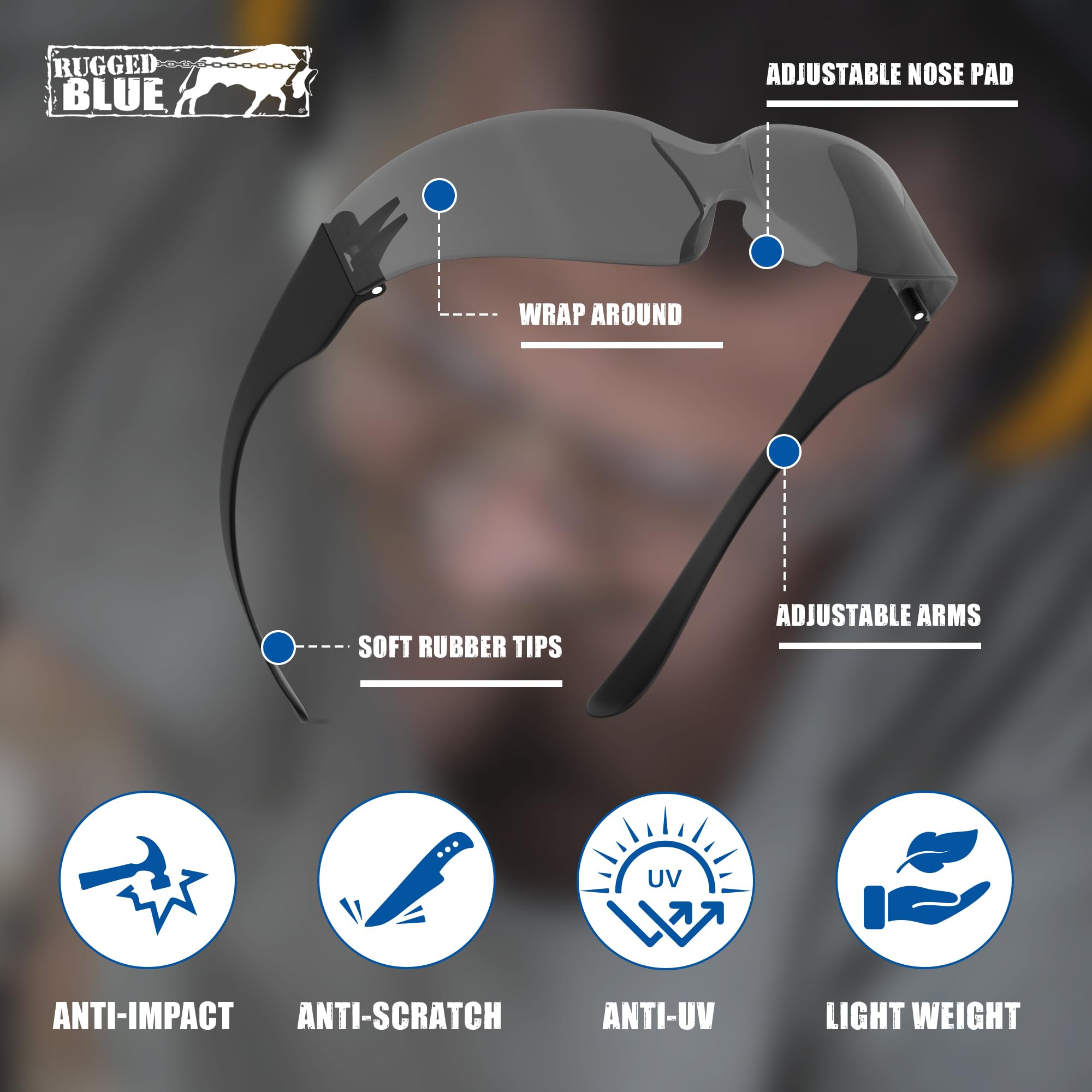 Rugged Blue Diablo Safety Glasses - Gray Lens, Pack Of 12 (ANSI Z87.1, UV Protection, Scratch Resistant)