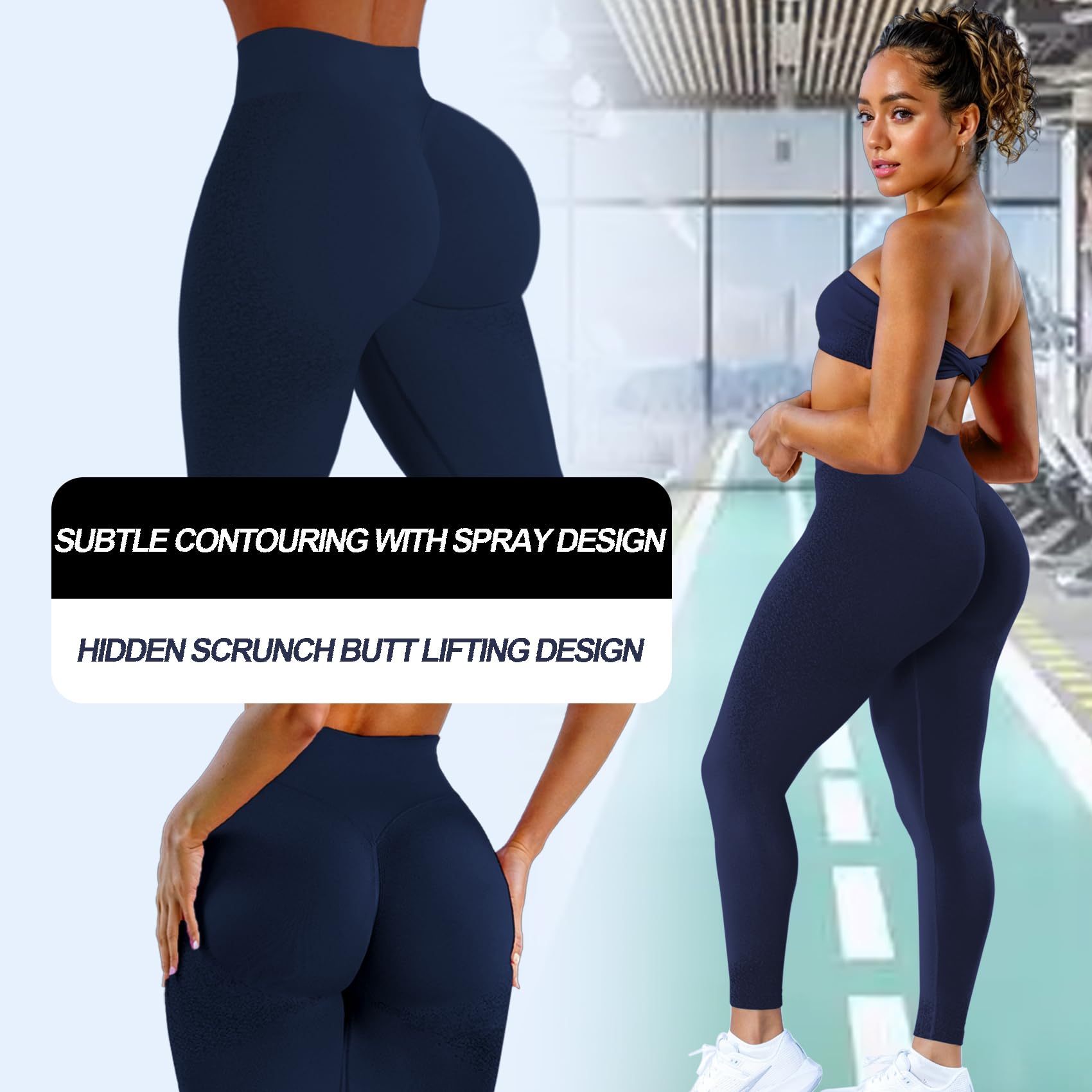 POWERASIA Ignite Hidden Scrunch Butt Lifting Leggings for Women Tummy Control Ribbed Mid Waist Seamless Workout Legging V Back Boom Booty Lift Yoga Pants Womens Gym Compression Activewear