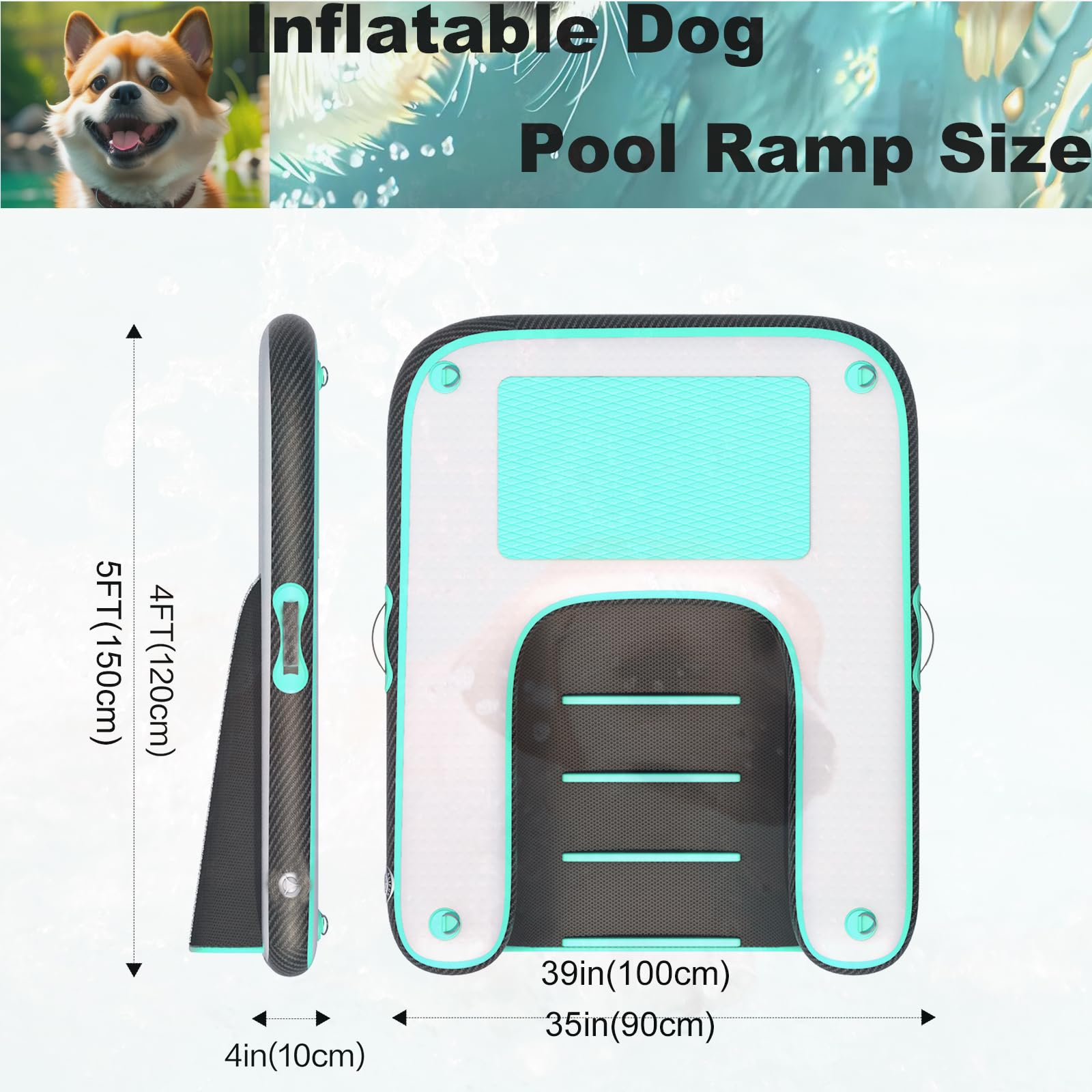 Rampe pour chien, rampe d'eau gonflable pour chien, rampe pour bateau de chien, échelle de quai flottante pour piscine, bateau, lac, échelle de natation en EVA antidérapante pour chiens jusqu'à 100 kg