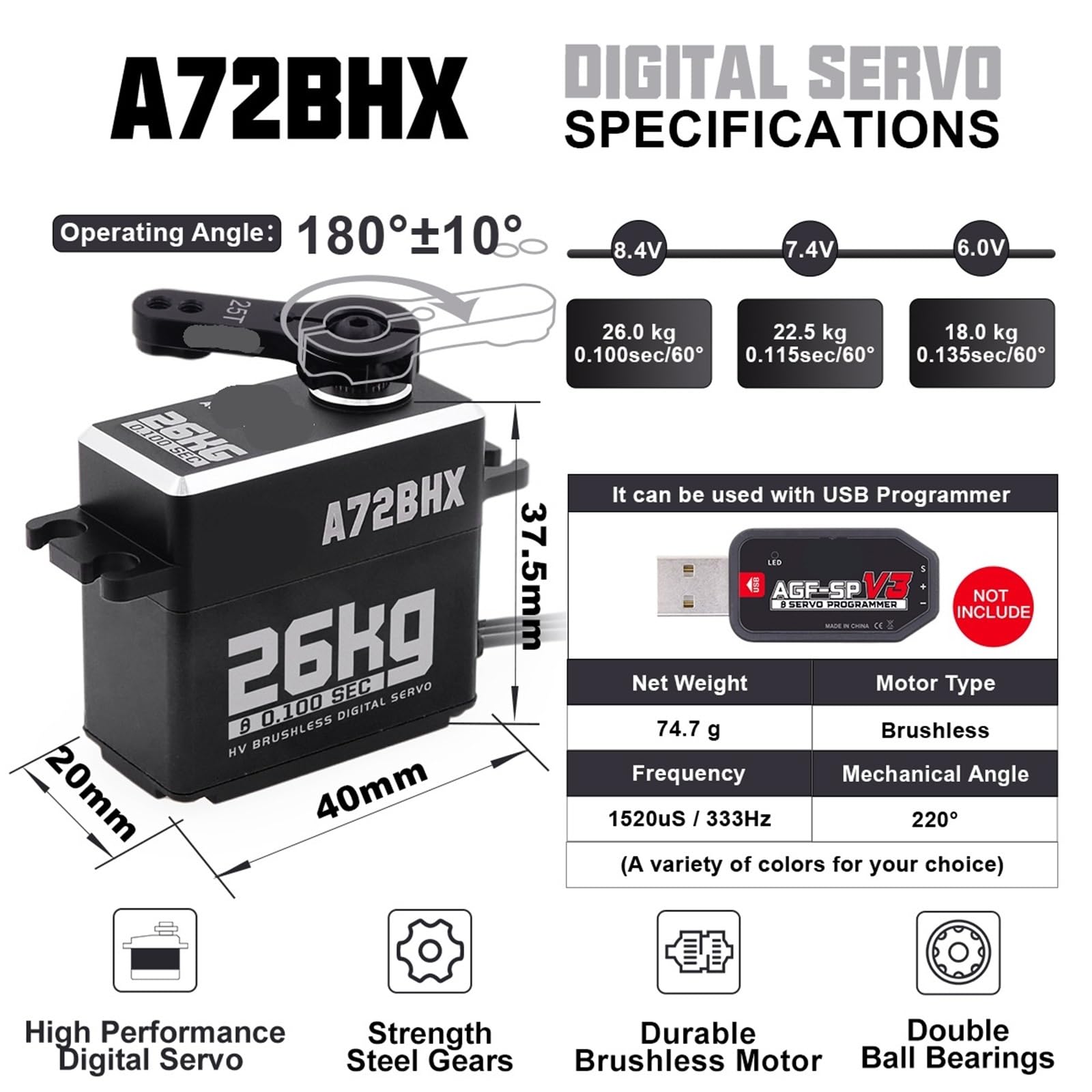 A72BHX Digitaler Bürstenloser Servomotor Metall 26kg Hohe Drehmoment Hohe Geschwindigkeit 1 Stück (Rot x 3 Stück)