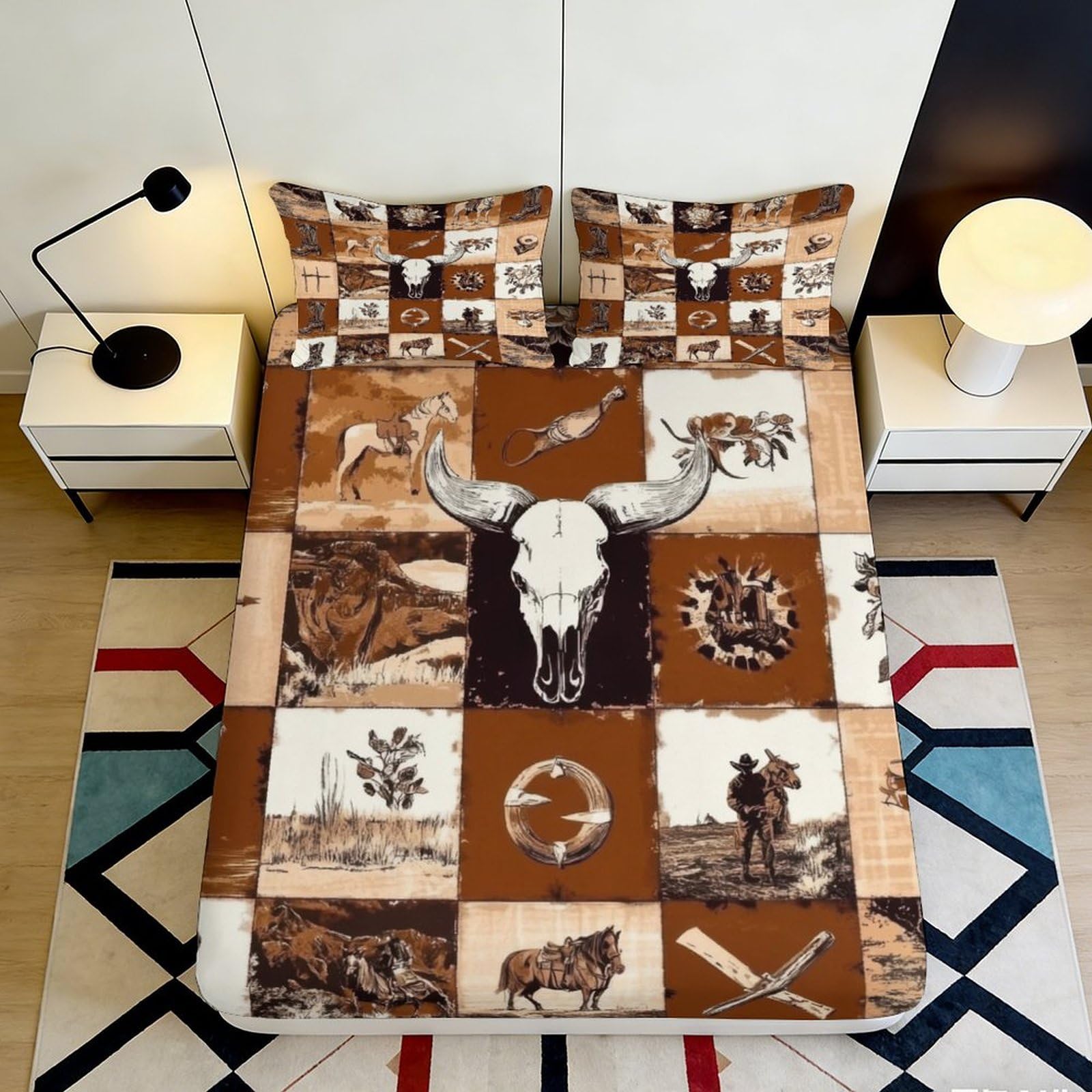 Pnayamiorkfel Style-10 3D Printed Western Cowboy Fitted Sheet Microfiber Brown Buffalo Skull Mattress Cover For Bedroom Guest Room Decor 90X200x25cm