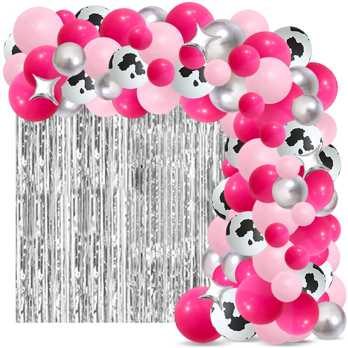 Pink Silver Balloon Garland Arch Kit - Rose Red Hot Pink Silver Balloons Cow Print Balloon for Western Cowgirl Birthday Bridal Shower Wedding Bachelorette Party Decorations