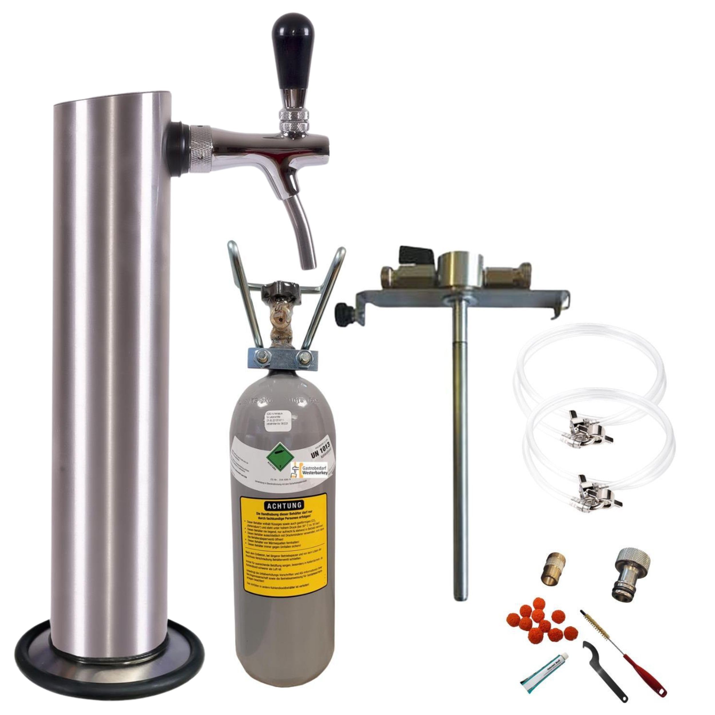 Zapfgarnitur für 5ltr Dosen mit Edelstahlschanksäule 2kg Co² Druckminderer Dosenadapter und Schankhahn