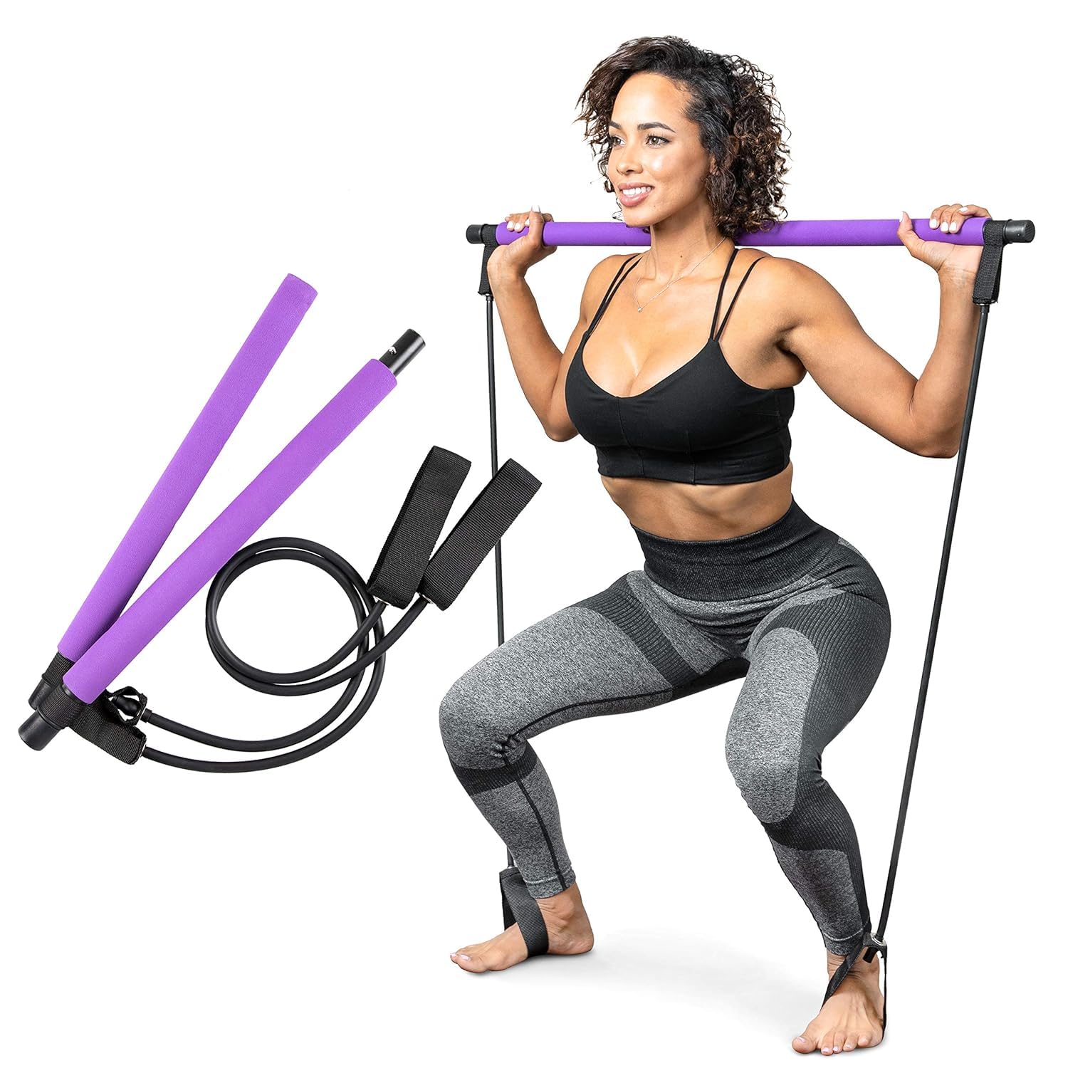 Netora Portable Pilates Bar Kit with Resistance Bands for Women & Men – Exercise Stick Bar with Foot Straps – Full Body Home Gym Workout Equipment for Yoga, Squats, Toning & Strength Training