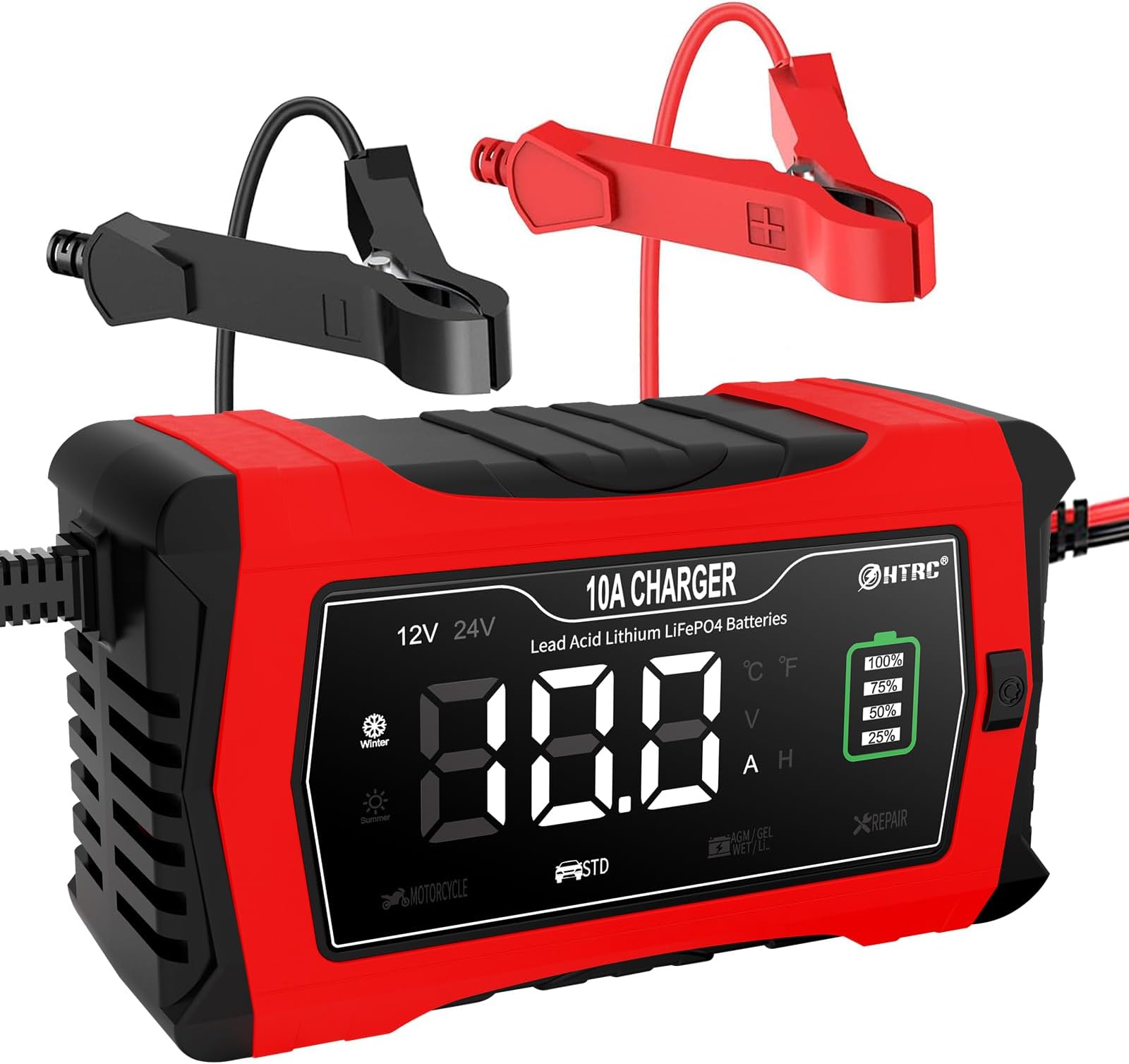 HTRC10A Car Battery Charger 12V/24V, Battery Maintainer, Trickle Charger and Battery Desulfator with LCD Screen for Boat, SUV, Motorcycle/Lithium, LiFePO4 and Lead-Acid(AGM, GEL, MF, EFB, SLA, WET)