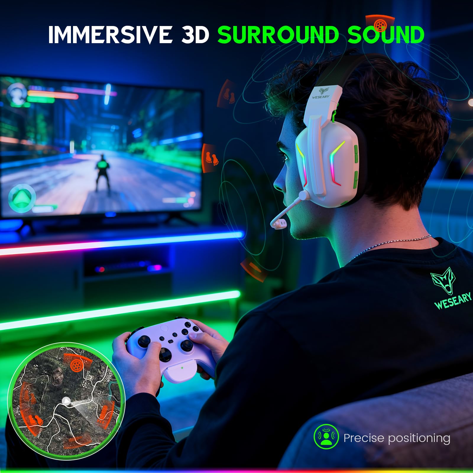 WESEARY WG1 Wireless Gaming Headset für Xbox Series X/S, Xbox One, PC, PS5, PS4, Switch, Mac, 2,4GHz Wireless & Bluetooth Headset mit Mikrofon, Low Latency, Noise Cancelling, LED Light, 50h Akku