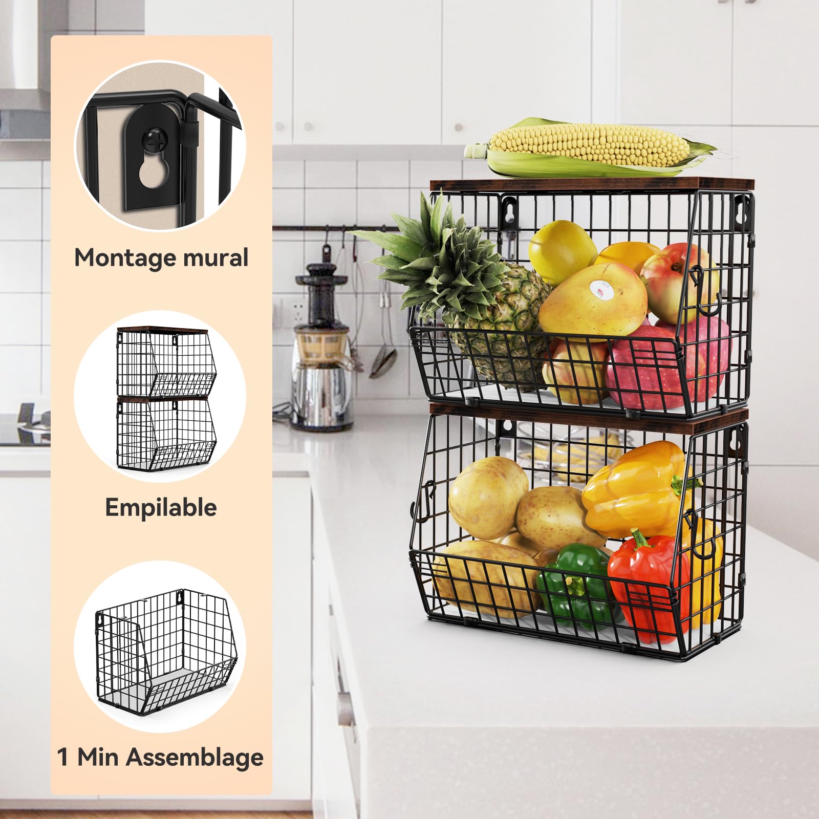 Wawocs 2 Panier a Fruit, Panier Corbeille a Fruit Murale pour la Cuisine, Panier Rangement de Fruits et Legumes 4 Crochets pour Fruit Basket, Corbeille en Métal pour Ranger les Fruits et les Légumes
