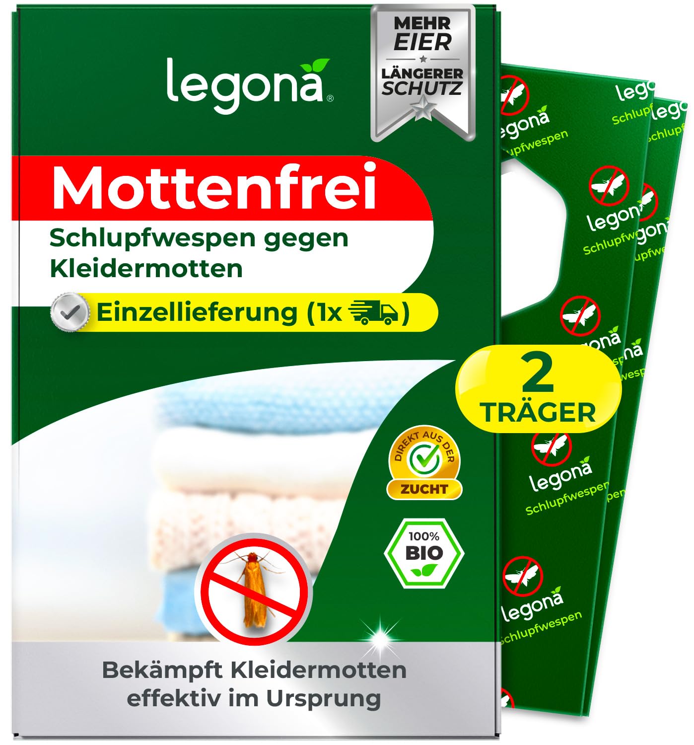 Legona® Schlupfwespen gegen Kleidermotten | 2 Träger à 1 Lieferung | Effektiv Kleider Motten bekämpfen | Alternativer Mottenschutz für Kleiderschrank, Mottenfalle Kleidermotten, Mottenspray