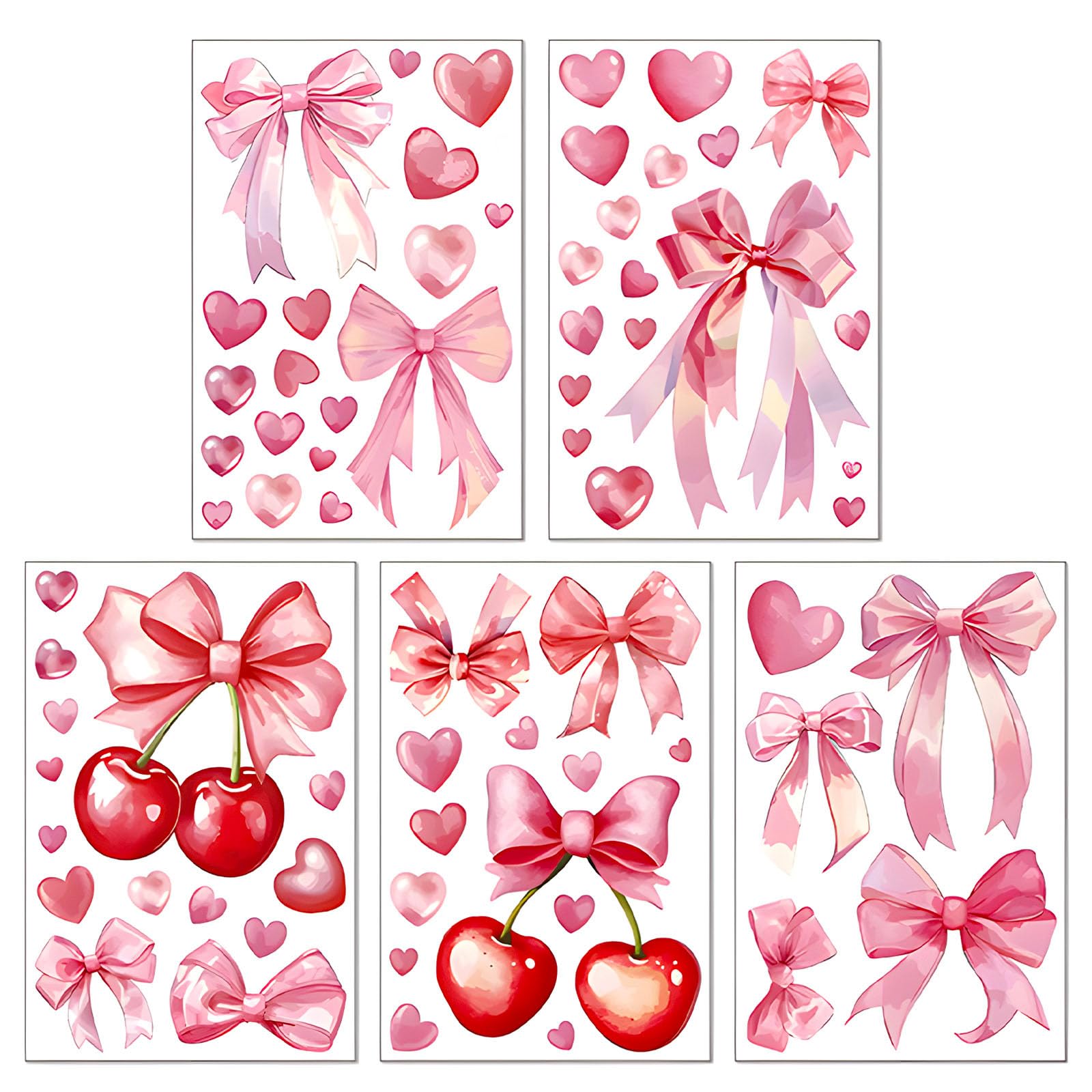 5Pcs Pink Bow Wall Stickers for Girls Bedroom, Self-Adhesive Girls Wall Stickers with Cherry, Coquette Bow Wallpaper for Girl, Women, Pink Wallpaper for Bedroom, Living Room, Nursery, Cafe