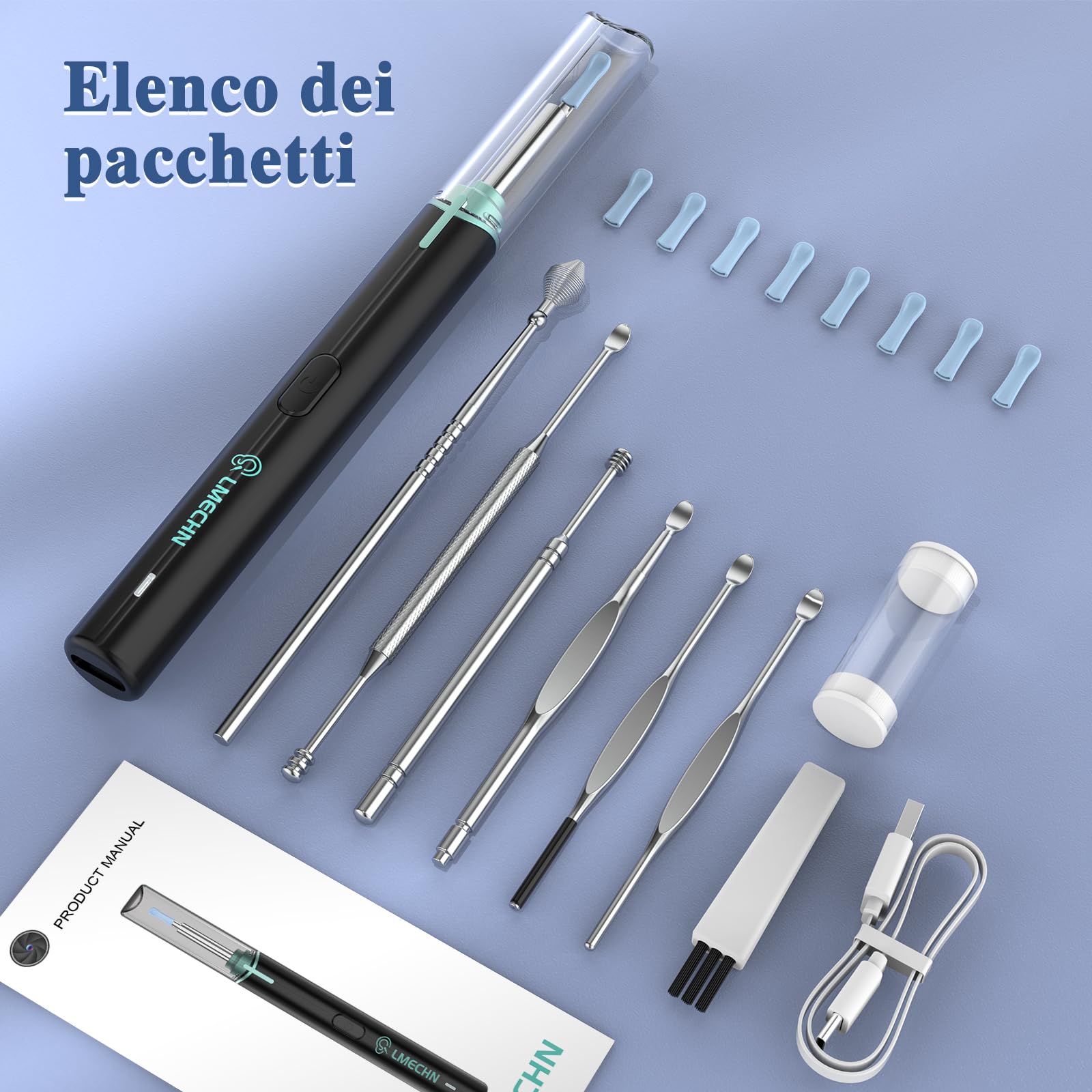 LMEHCN Otoscopio per Pulizia Orecchie - Pulisci Orecchie con Visione 1080P, 6 Luci LED, IP67 Impermeabile, Diametro 3 mm, Compatibile con iPhone iPad e Telefoni Android, Nero