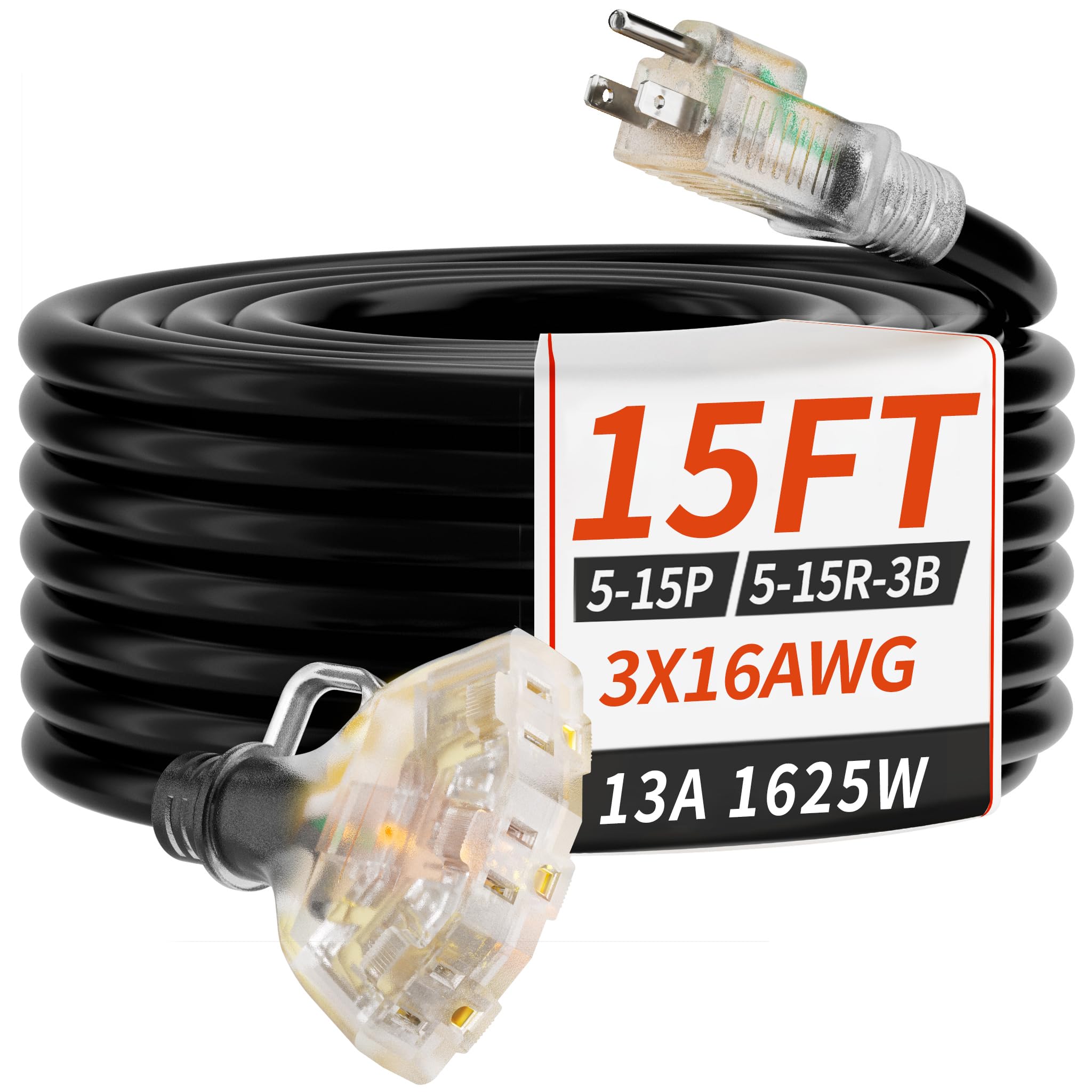 PlugSaf 15 FT 16/3 Outdoor Extension Cord with Multiple Outlets Black