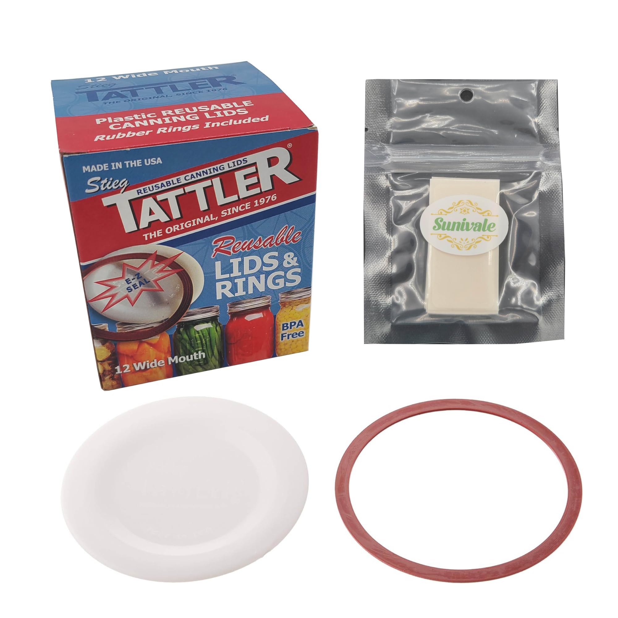 SUNIVALE Reusable Canning Lids Bundle Includes 12 Wide Mouth Tattler Lids and Rings and 12 Dissolvable Jar Labels For Use With Hot Water Bath, Vacuum Sealer and Pressure Canning Methods Made in USA