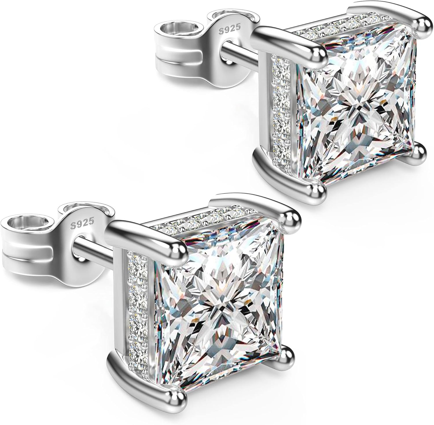 18K White Gold Plated Sterling Silver Princess Cut Cubic Zirconia Stud Earrings Square CZ Diamond Stud Earrings for Women Men Hypoallergenic