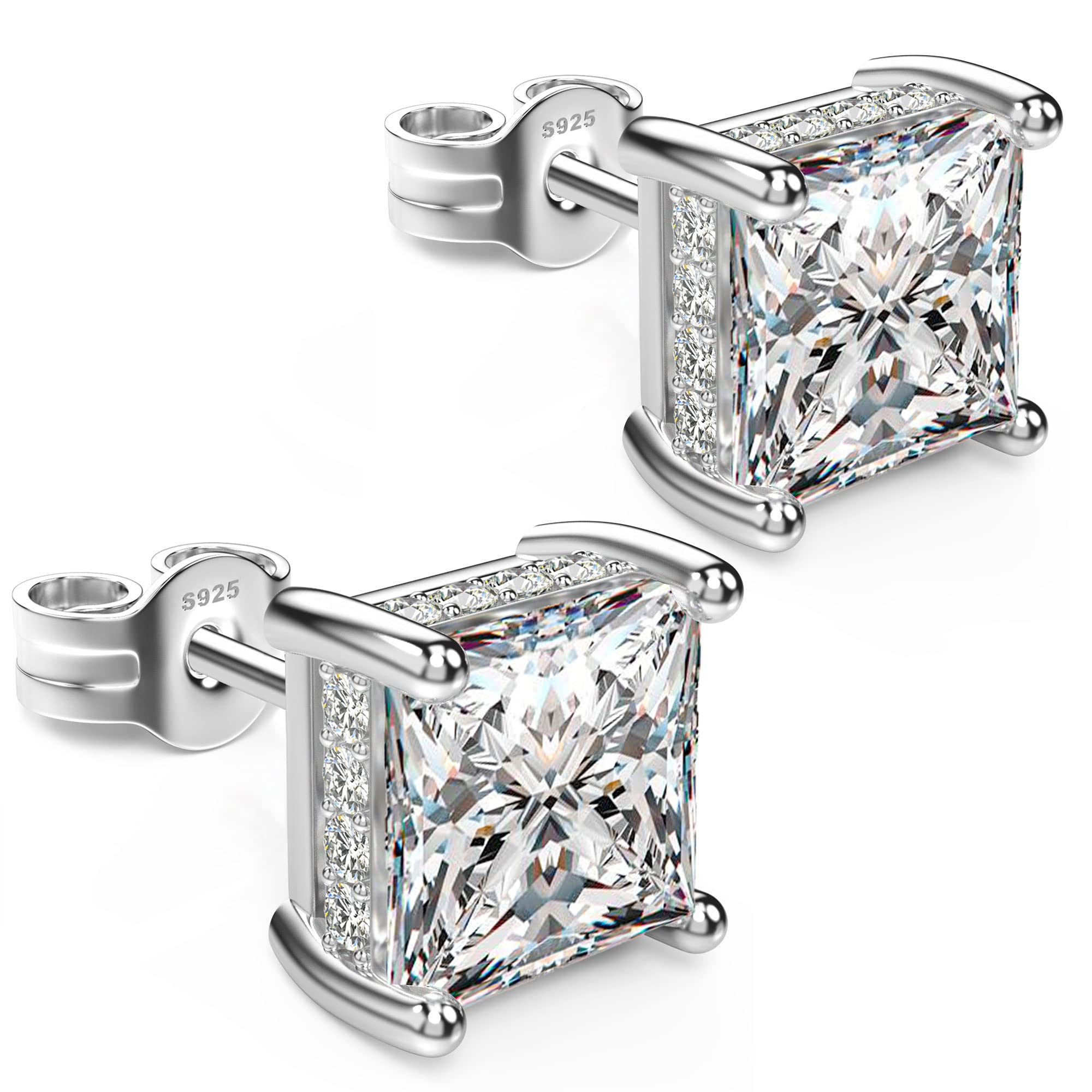 UNFAAR 18K White Gold Plated Sterling Silver Princess Cut Cubic Zirconia Stud Earrings Square CZ Diamond Stud Earrings for Women Men Hypoallergenic
