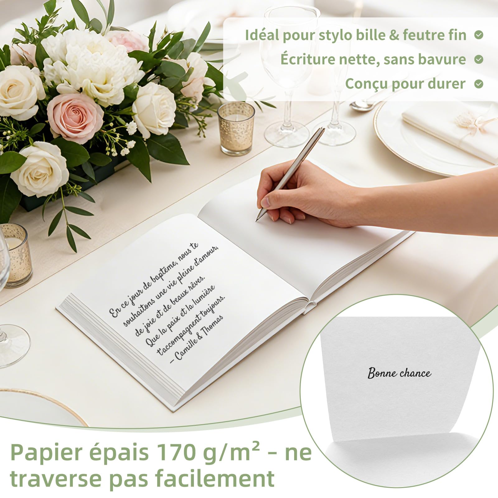 Livre d'or élégant à couverture rigide, 120 pages pour mariage, anniversaire, baptême