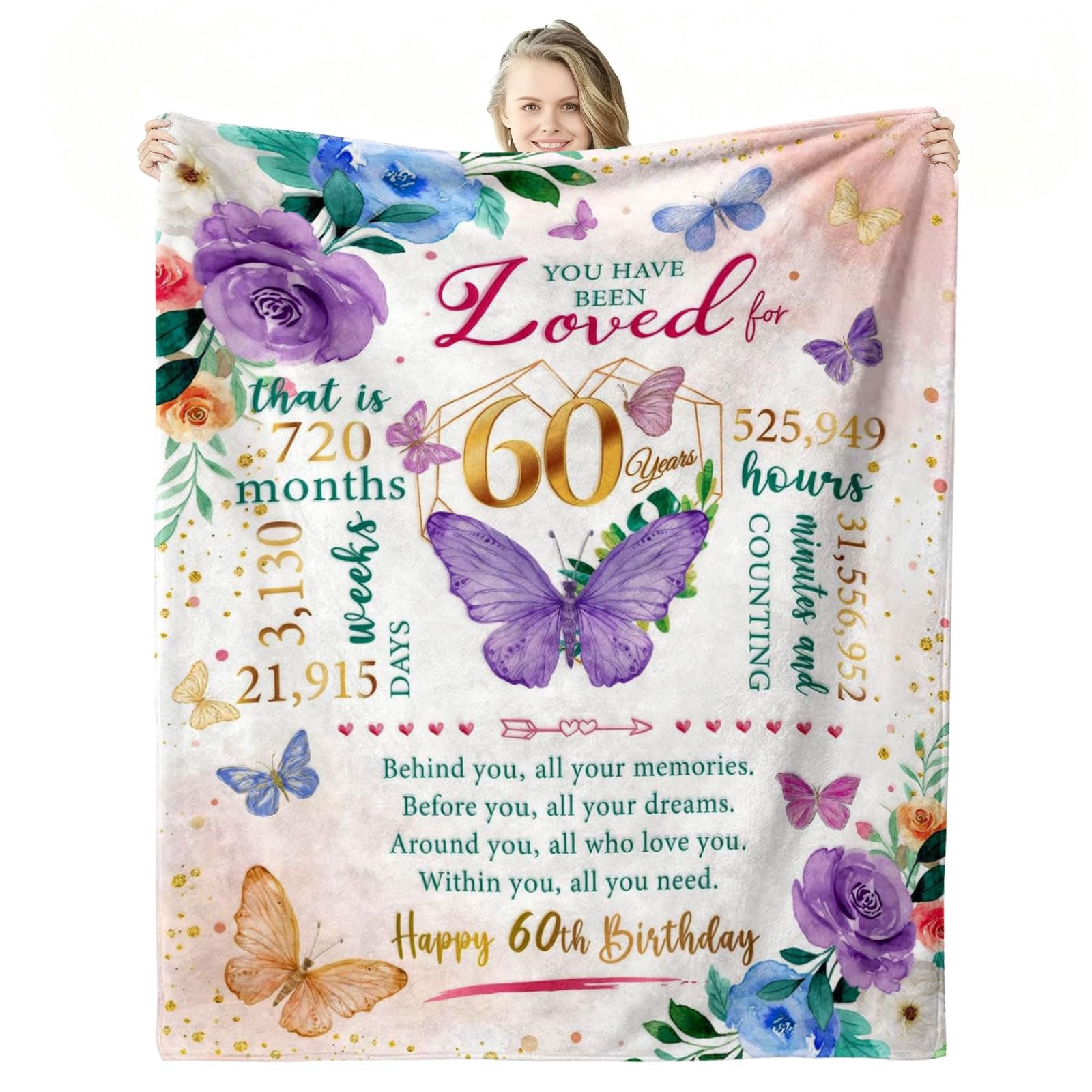 Twirush Women's White 60Th Birthday Gifts For 50" X 60" Flannel Throw Blanket, 60 Year Old Present For Her, 1965 Gift For Her, Unique Birthday Presents For Mom, Grandma, Wife, Sister, Friends