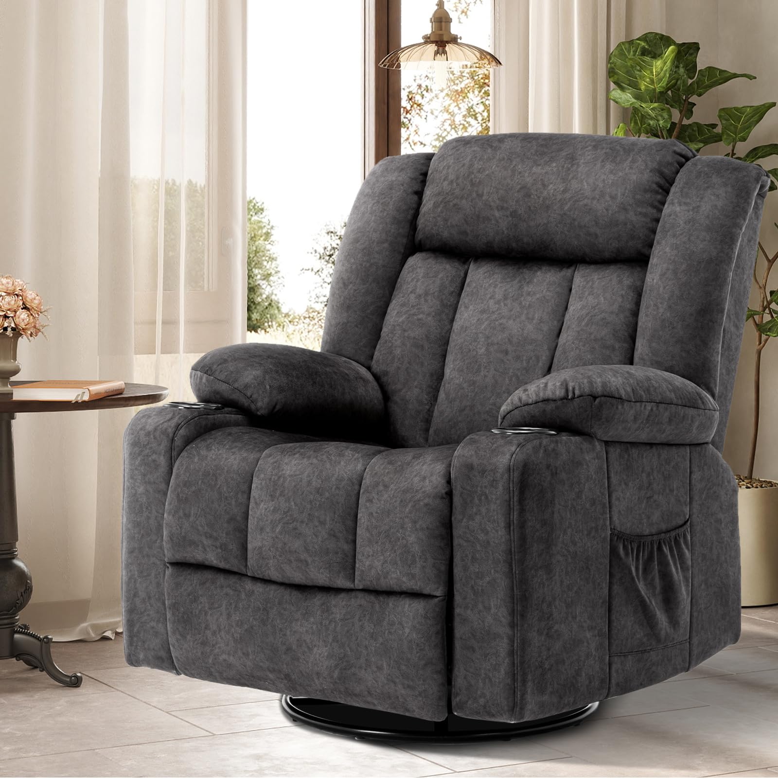 COMHOMA Sillón Reclinable Manual Giratorio para Adultos con Respaldo y Reposapiés Ajustables, Silla de 360° para Salón, Portavasos, Bolsillos Laterales, Tejido Suave, Soporte Ergonómico, Gris