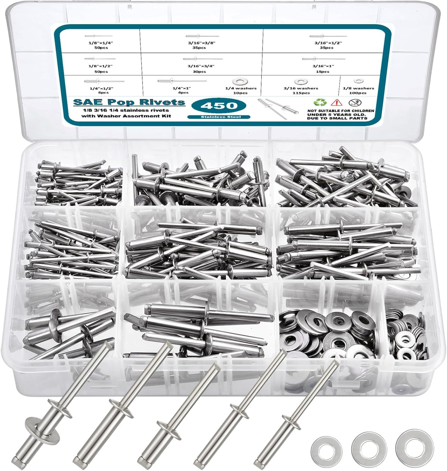 SATANTECH 450Pcs 304 Stainless Steel Pop Rivets with Washers Assortment Kit,1/8" 3/16" 1/4" Assorted Blind Rivets 8 SAE Sizes,DIY/Home/Automotive Repairs