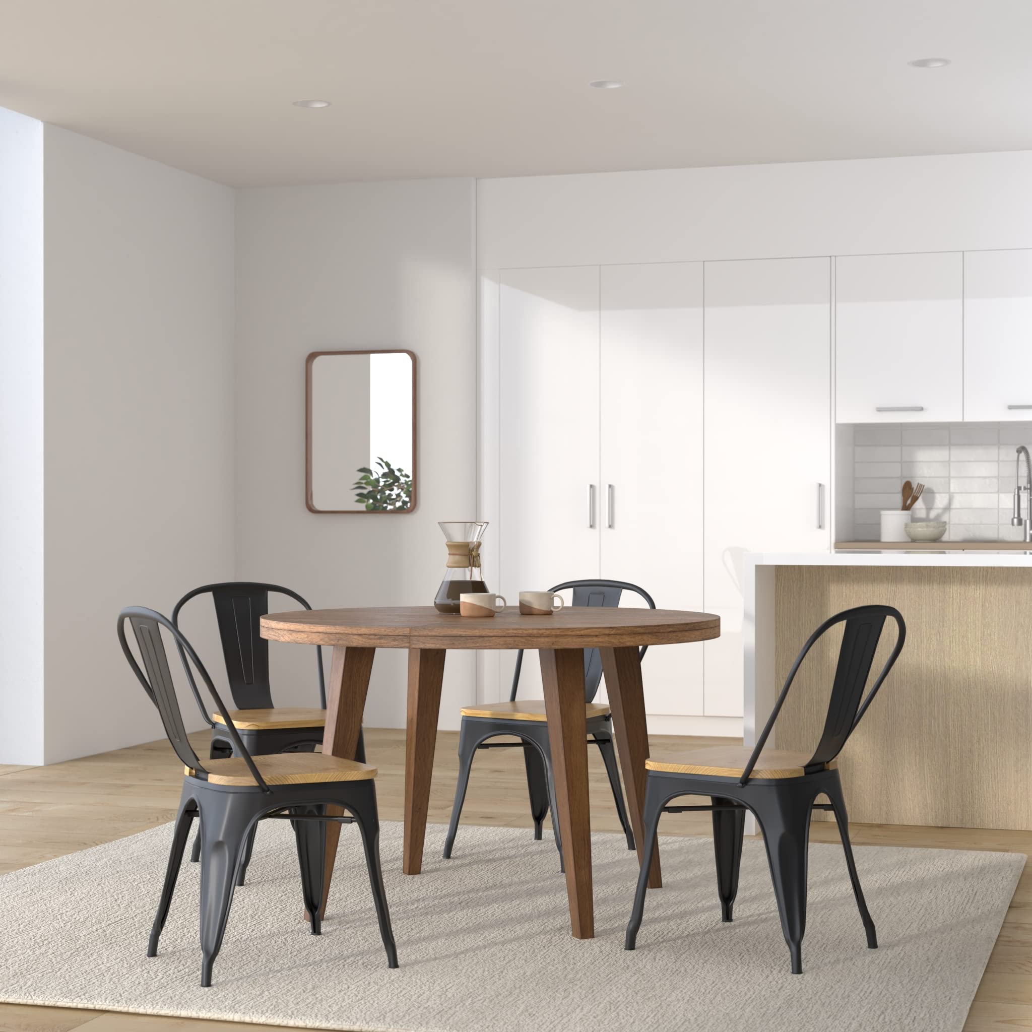 Kosmi - Lot de 4 chaises Style Industriel en métal Noir Mat et Assise en Bois Clair