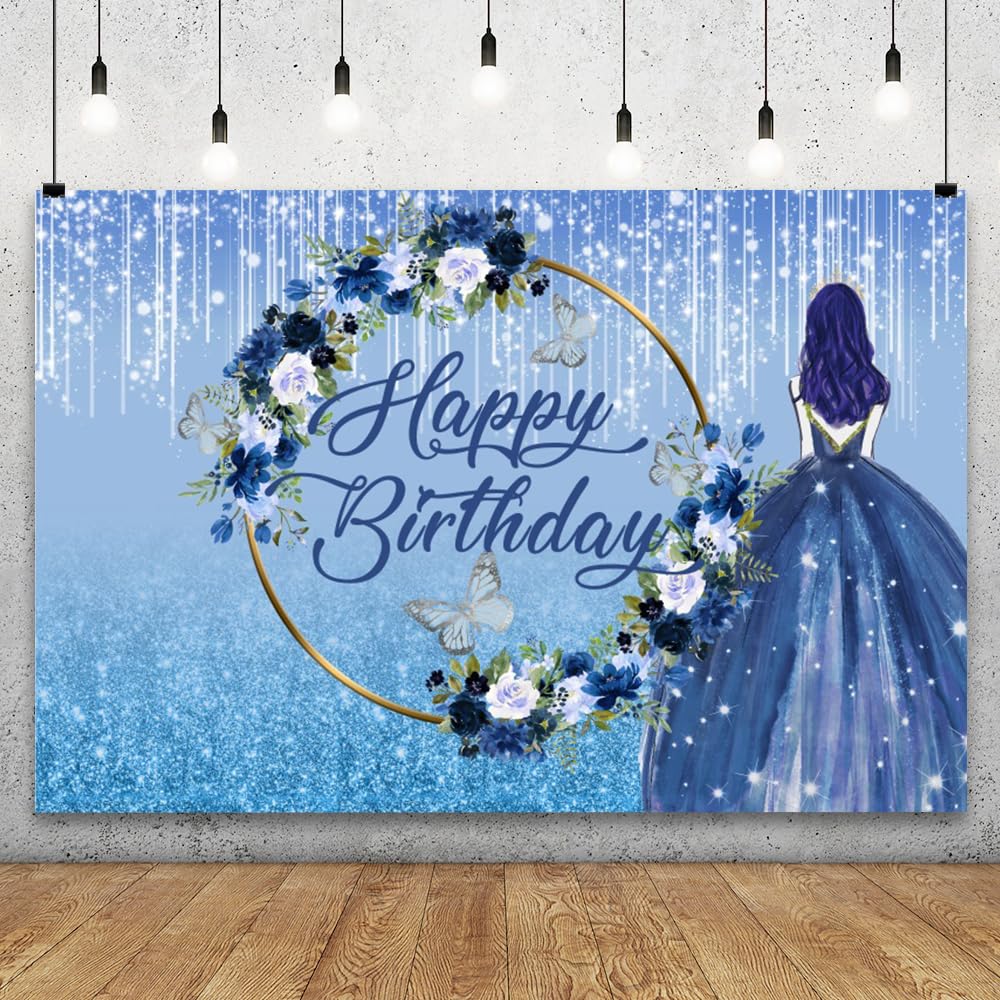 Happy Birthday Backdrop 7x5ft Flowers Butterfly Floral Garland Blue Silver Sequin Glitter Photography Background Girl Quinceanera Sweet Princess