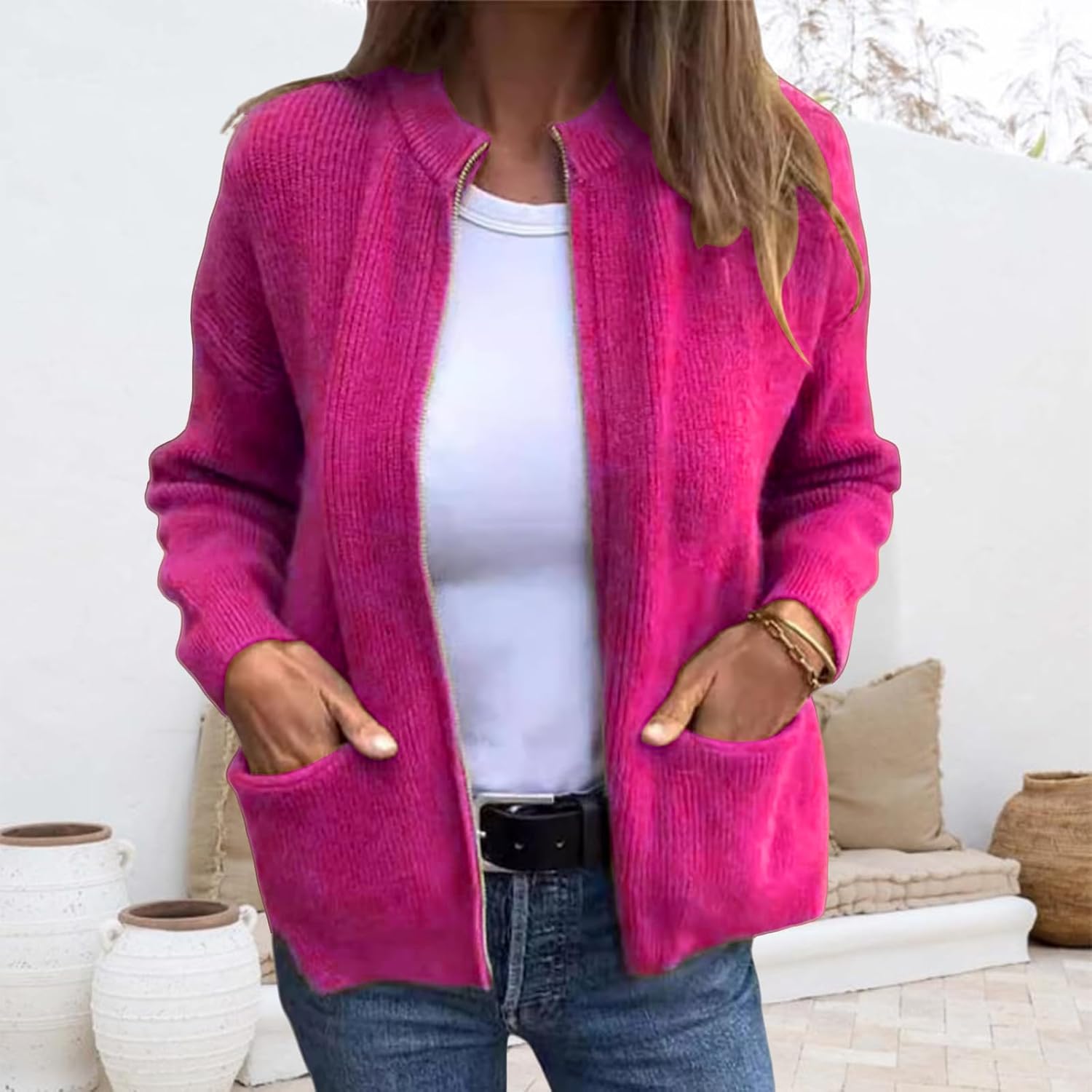 Knit Cardigans for Women Lightweight Crew Neck Zip Up Sweater Coat Casual Loose Fit Solid Color Long Sleeve Jackets