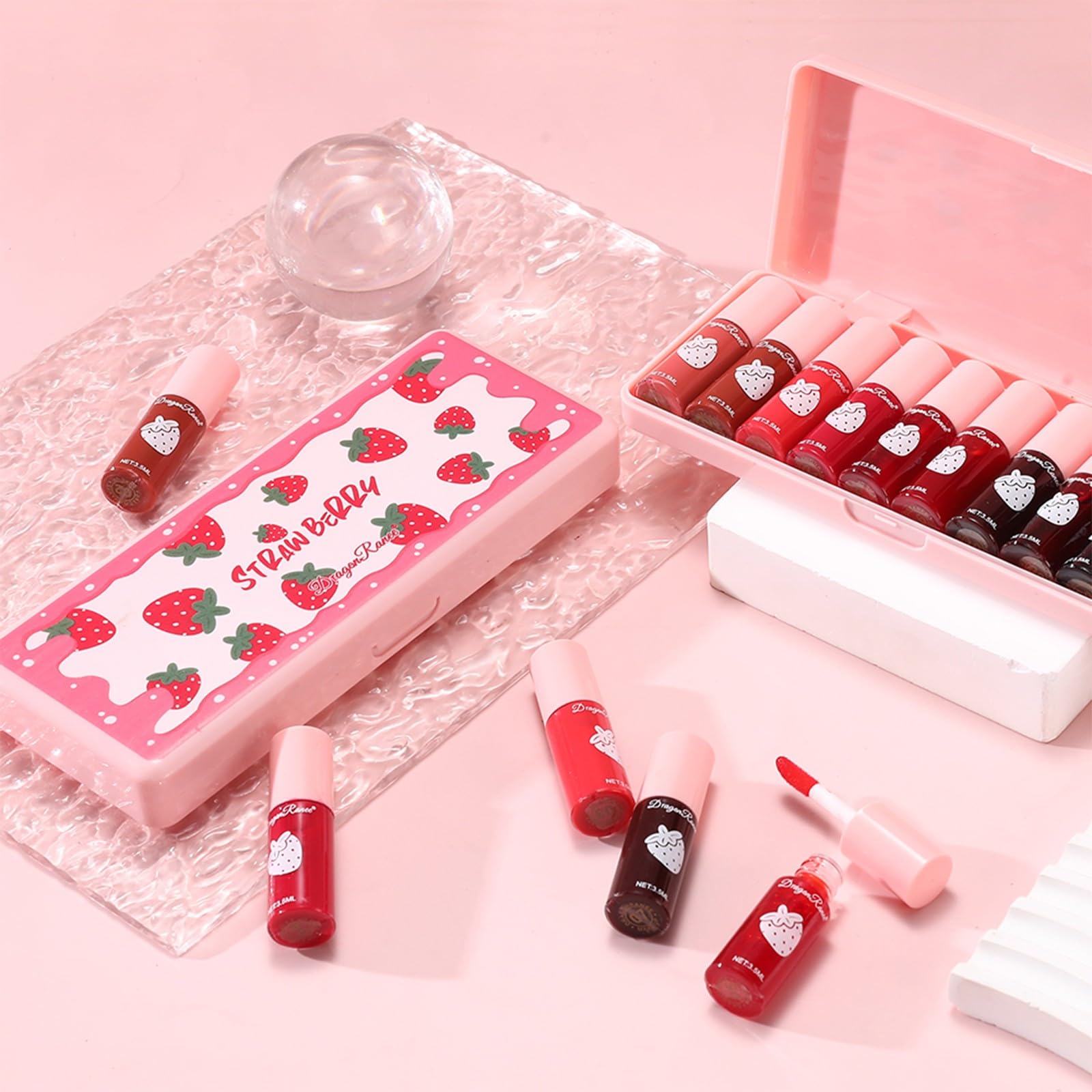 Set mit 10 Lippenstiften mit glänzenden und matten Lippenstiften, mit Mini-Glanz, lang anhaltend und schnell trocknend, ideal als Geschenk für Make-up (Erdbeere, Lipgloss).