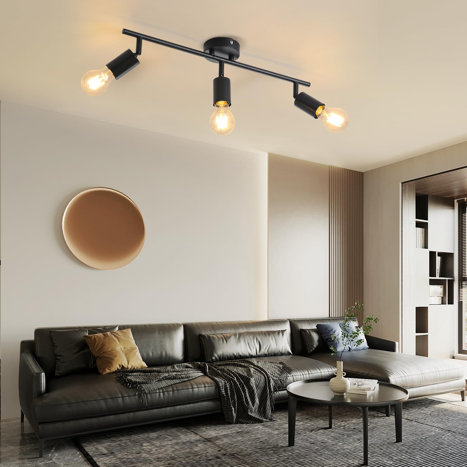 Spot de Plafond à LED 4 Flammes Orientable 350°,Plafonnier avec Incandescence Inférieure 22W+4x5W GU10 spots,3000K Blanc Chaud Applique Plafond,Lampe de Plafond Moderne,Spot Pour Cuisine,Salon Noir