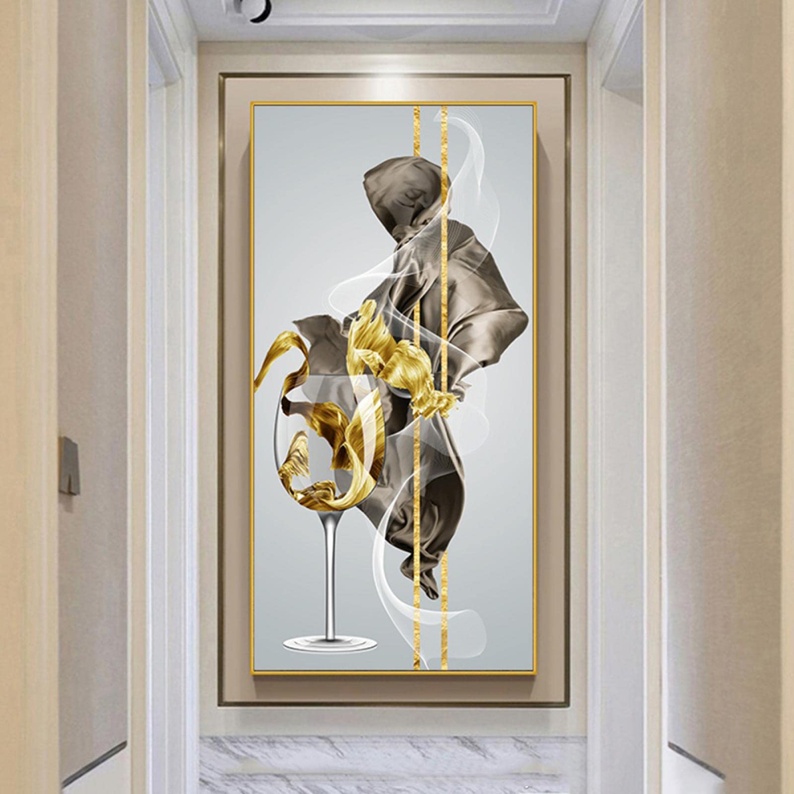 Décor de salon moderne avec toile de verre de vin d'or chic