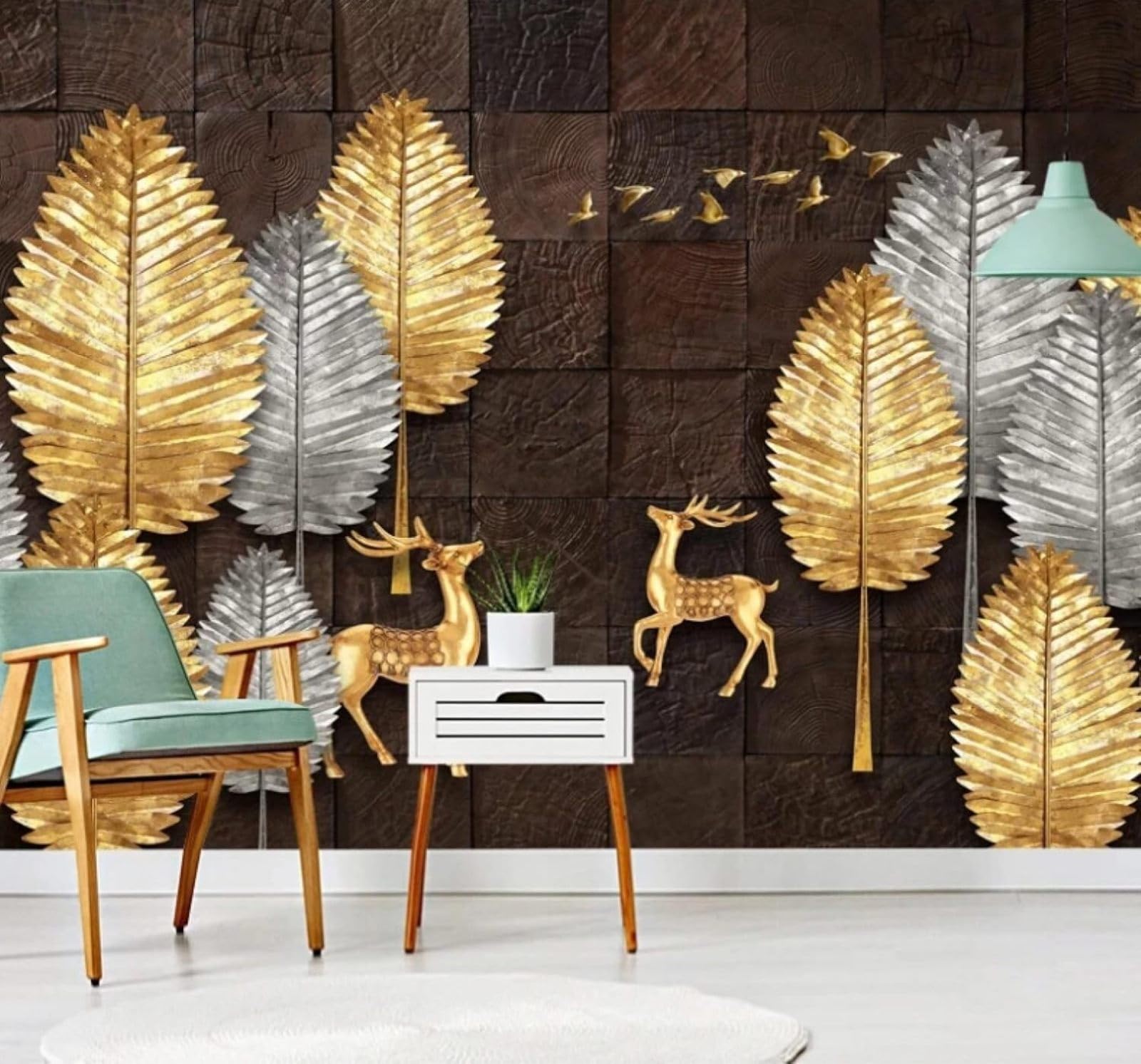 XLMING Vintage Wood Grain Gold Leaves Reindeer Birds 3D Wallpaper Luxury Silk Study Dining Feature Sofa Grey Bedroom Living Room Tv Decorative Wall-350cm×256cm