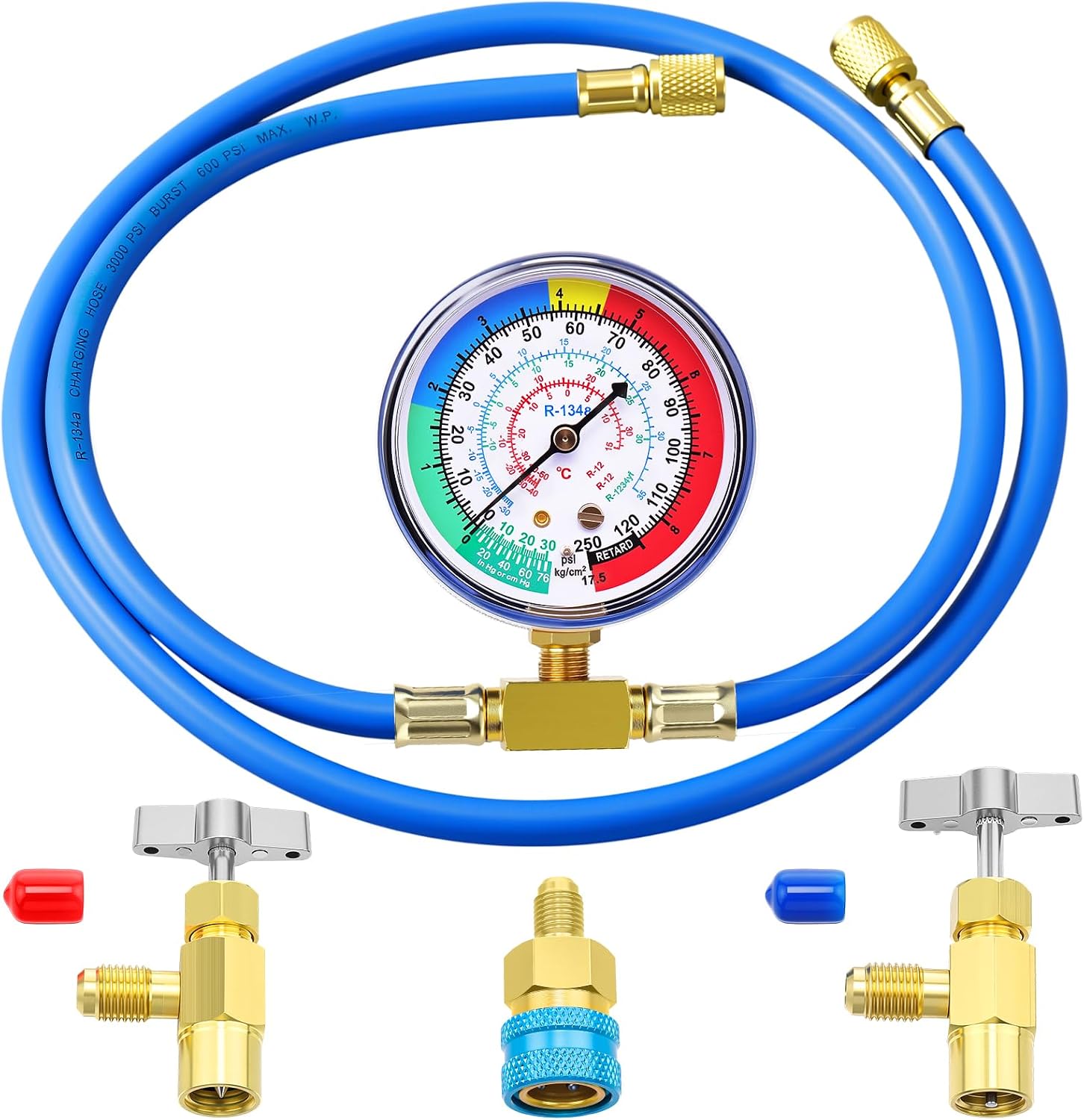 Mudder R1234YF Refrigerant Charge Hose Kit with Gauge, Includes R1234yf Quick Coupler Self Sealing/Puncture 1/2'' LH Can Tap Openers, 250 PSI Gauge and 59'' Recharge Hose for Air Conditioner