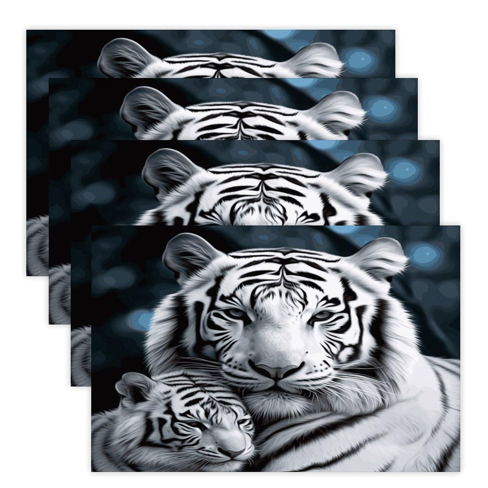 White Tiger Placemats Wipeable Heat Resistant Table Mats Washable Flax Place Mats Elegant Cloth Non-Slip Placemat for Kitchen Dinning Party Table Decor 12 * 18 in