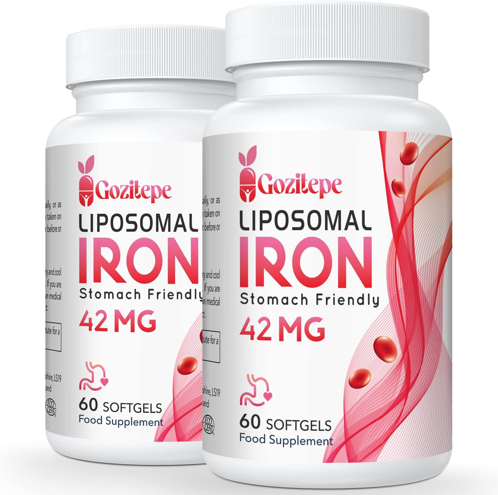 Liposomal Iron Supplement (as Ferrous Sulfate) with Folic Acid 400mcg and Vitamin B12 10mcg, Increase Iron Levels for Adults, Superior Absorbed and Stomach Friendly (60 Count (Pack of 2))