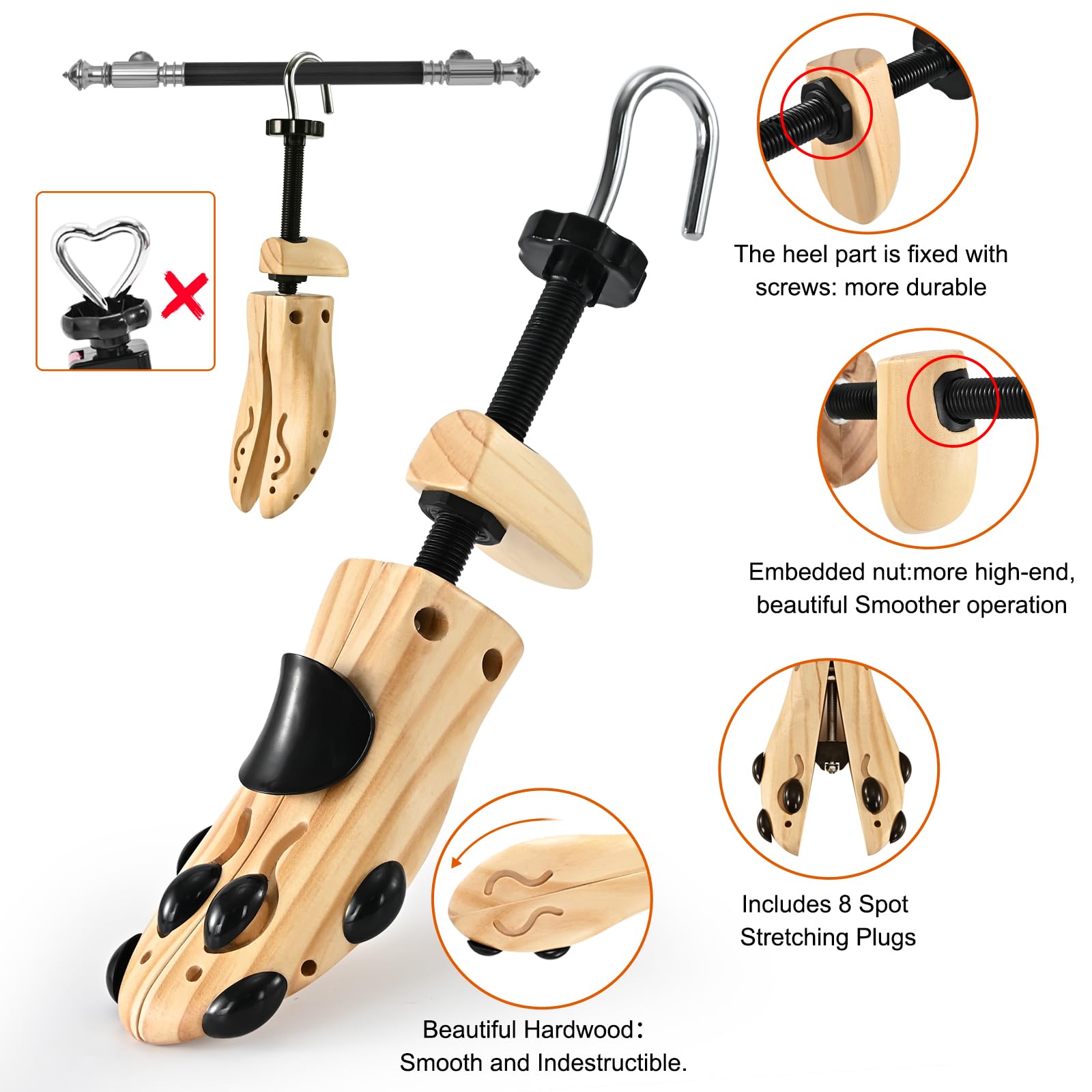 JJDPARTS - Varilla de zapatos de madera, par expansor de zapatos de 4 vías, extensor de madera, patrón en espiral para mujeres y hombres