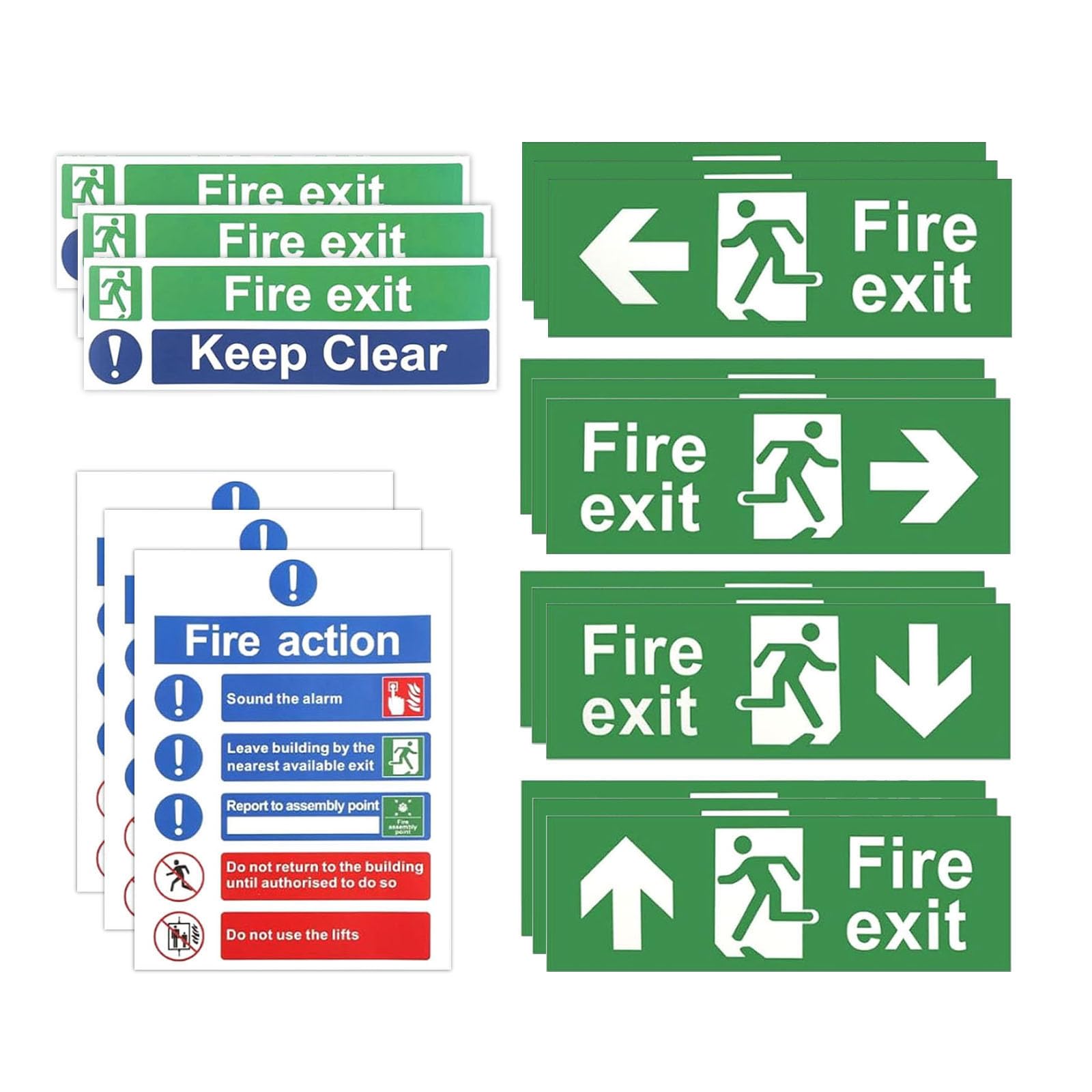 Fire Exit Sign Set 21 PCS Safety Signs Fire Exit (Right Left Up Down Arrow)