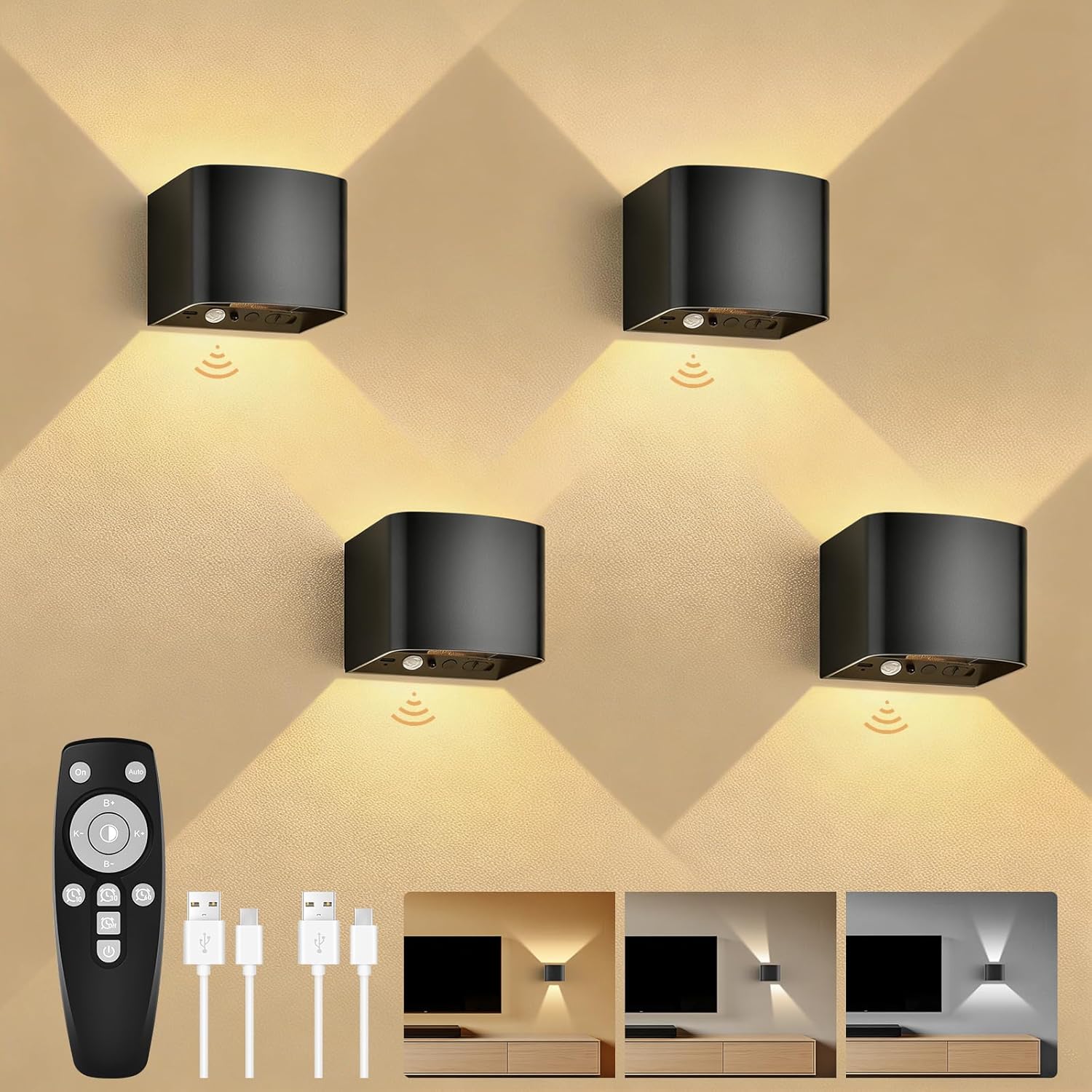 Rechargeable Motion Sensor Wall Lights, LED Wireless Sconces with Remote Control, 10-100% Dimmable 2700-6500K, Adjustable Beam Angle, 3 Modes, Black 5000mAh for Bedroom, Hallway, Stairs, 4-Pack