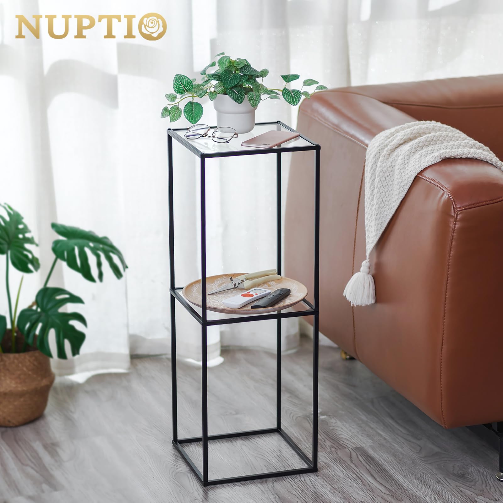 NUPTIO Centre de Table avec Panneau Acrylique, 60/80/100cm Haut, 2 Couches | 3 Pièces, Construction Métal, Support Fleurs, Noir Présentoir, Colonne pour Plantes, Mariage, Fêtes, Maison