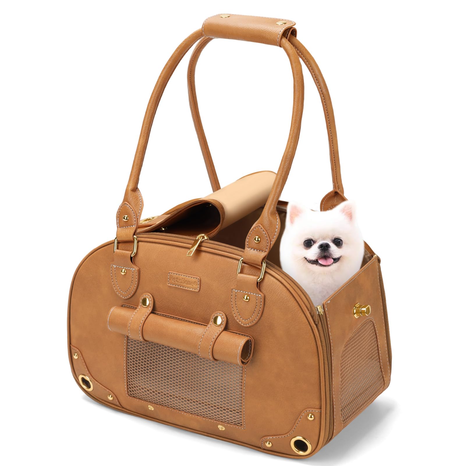 Bolso transportador para perros, transportador de mascotas, plegable, impermeable, de piel sintética, portátil, para gatos y perros pequeños, hogar y exterior, pequeño, color marrón