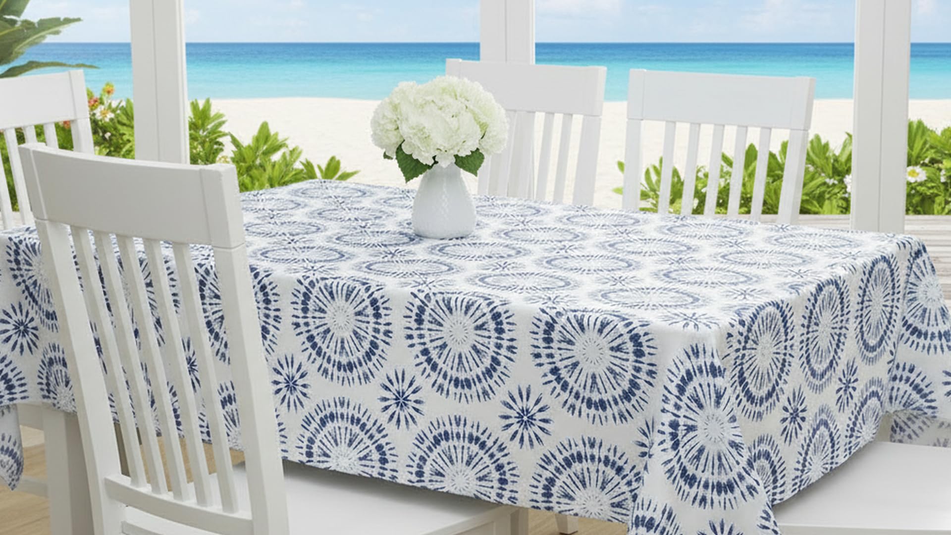 Newbridge Blue Tie Dye Vinyl Tablecloth, 60 x 84 Inch Rectangle – Flannel Backed Blue and White Table Cover for Dining, Picnics, BBQs, and Parties
