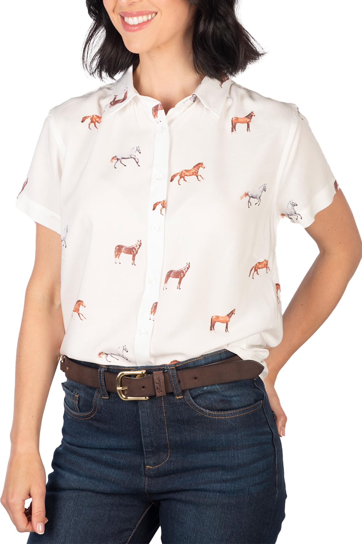 Rydale Ladies Floaty Short Sleeved Blouse Shirt Womens Button Up Printed Shirts (UK, Numeric, 8, Regular, Regular, Horse White)