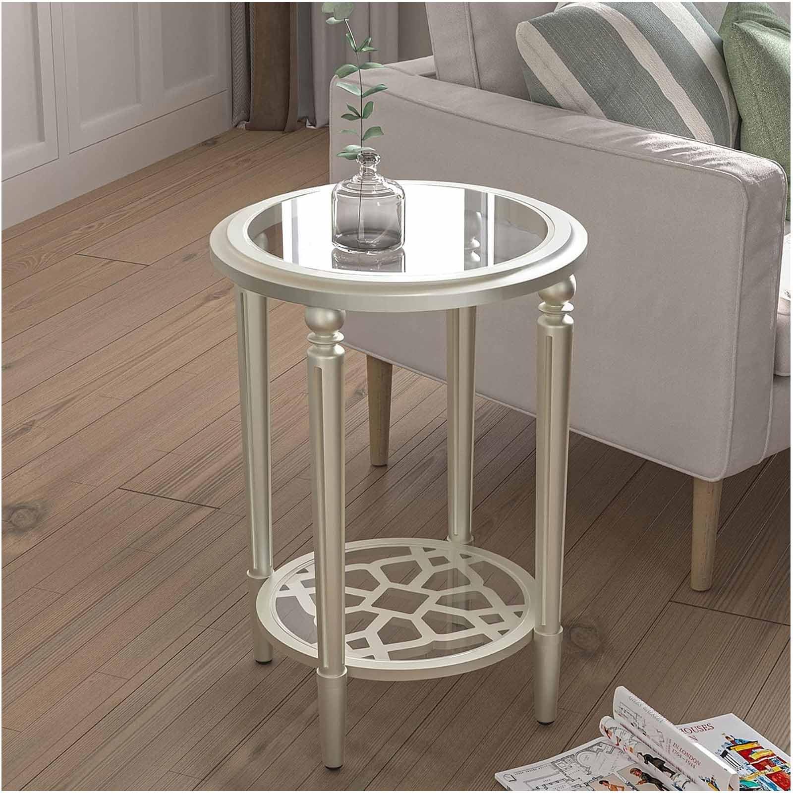 SXZenSpace Modern Round End Table, 2-Tier Champagne Side Table with Tempered Glass Tabletop, Wood Accent Storage Shelf for Living Room, Bedroom