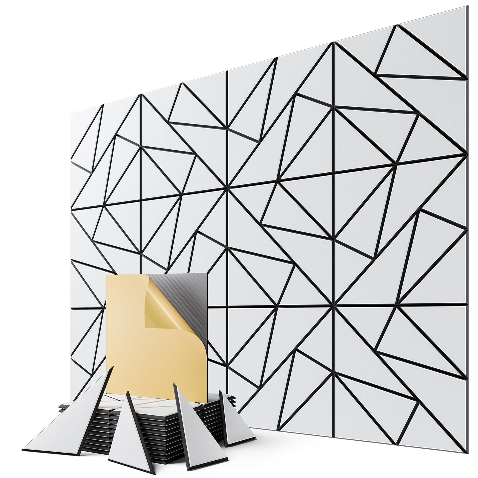 12-Pack Felt Acoustic Panels,12"x12"x0.4" Soundproof Wall Panels, Peel &amp; Stick Sound Proof Foam Panels for Walls, Geometric Noise Reduction Panels for Home Office,Studio (White on Black)