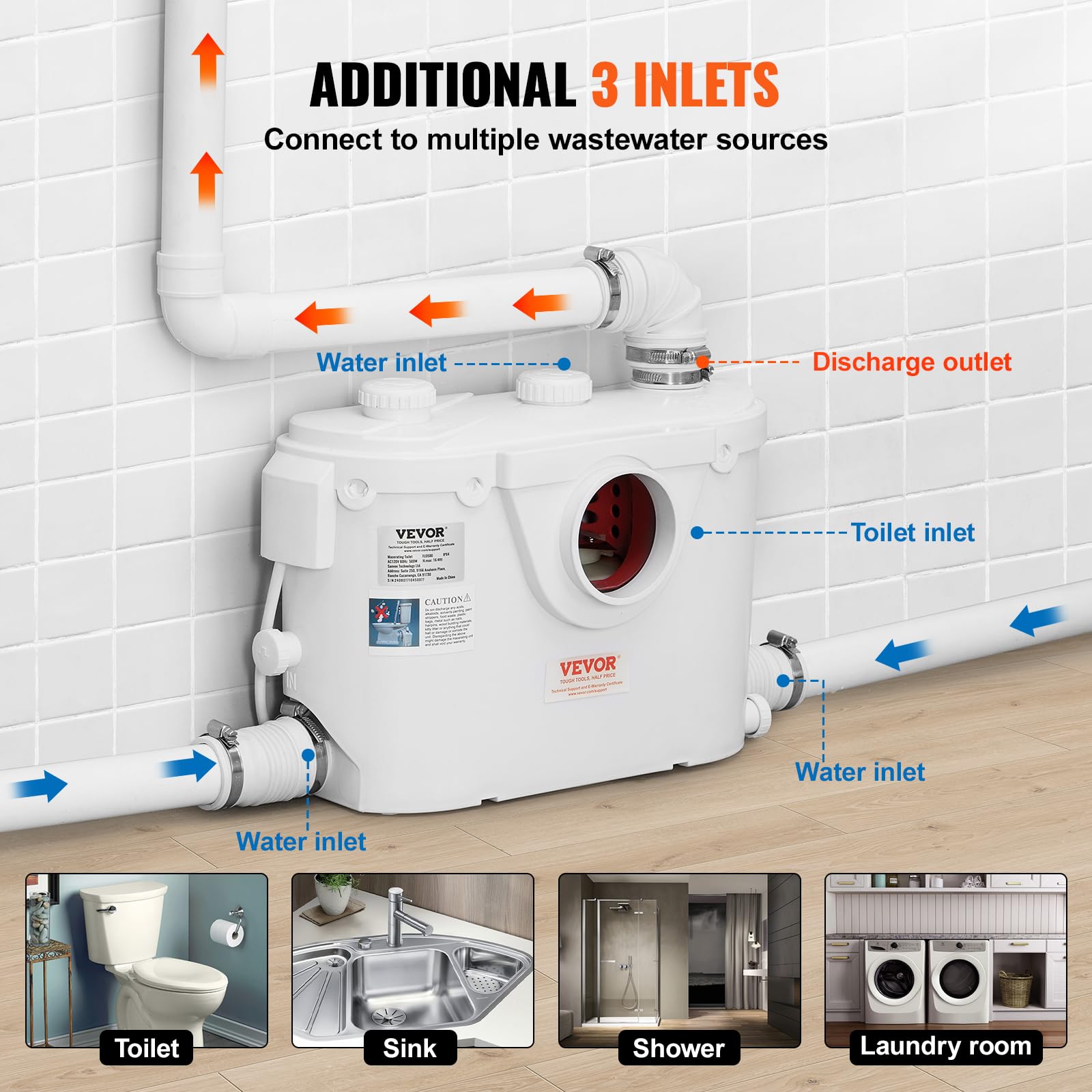 VEVOR Inodoro Sanitario Potente Bomba de Elevación de 500 W Sistema de Inodoro Compacto con Descarga Trasera e Inodoro de Descarga, 3 Entradas, para Eliminación Aguas Residuales, Sótano, Blanco